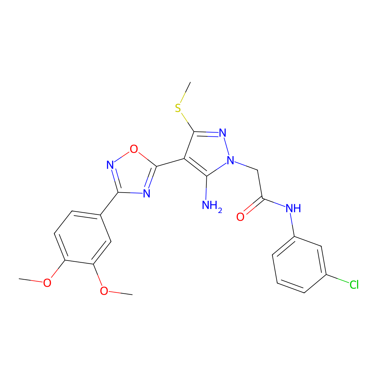 2-(5-amino-4-(3-(3,4-dimethoxyphenyl)-1,2,4-oxadiazol-5-yl)-3-(methylthio)-1H-pyrazol-1-yl)-N-(3-chlorophenyl)acetamide molecular structure, CAS 1243022-80-1