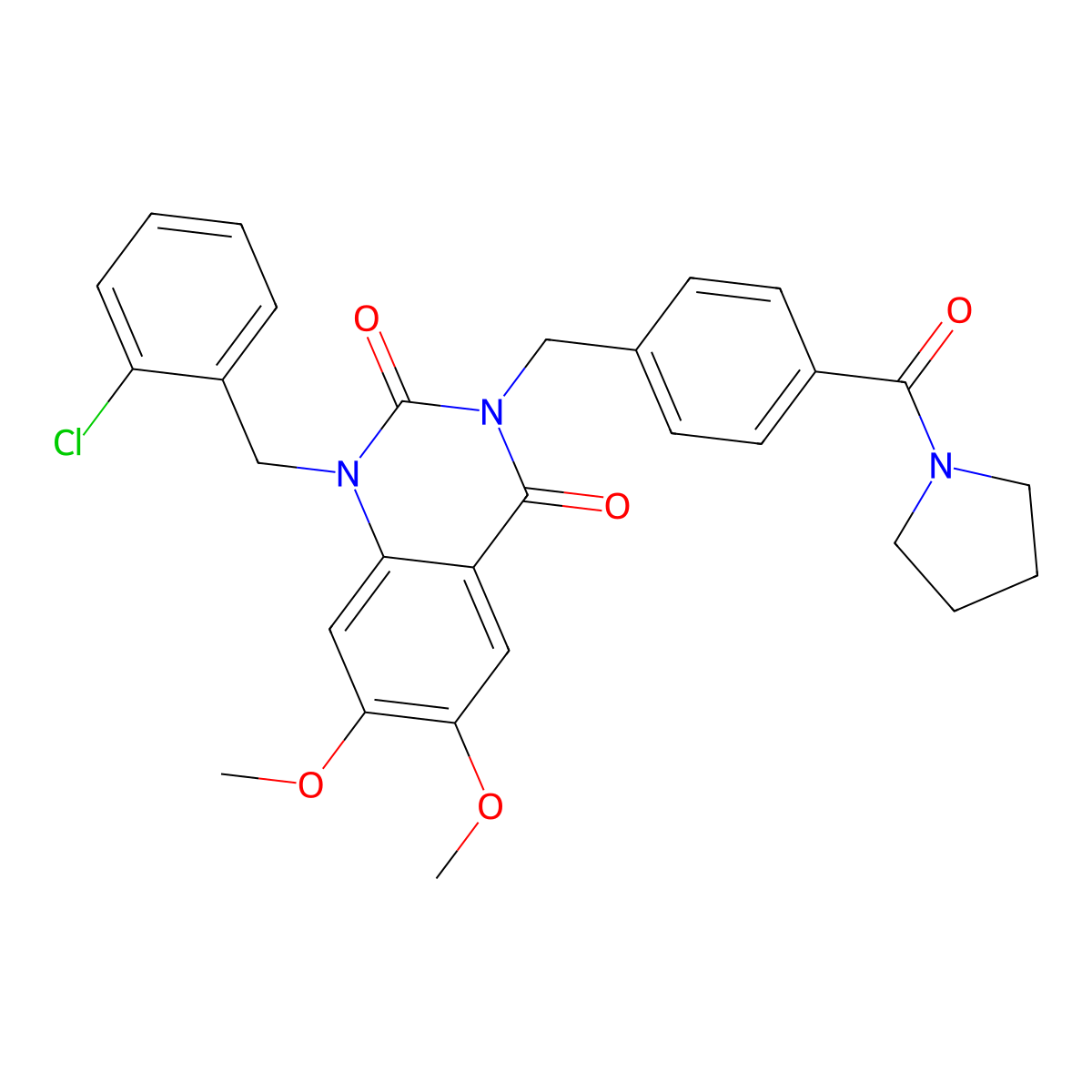 1-(2-chlorobenzyl)-6,7-dimethoxy-3-(4-(pyrrolidine-1-carbonyl)benzyl)quinazoline-2,4(1H,3H)-dione molecular structure, CAS 1243023-87-1