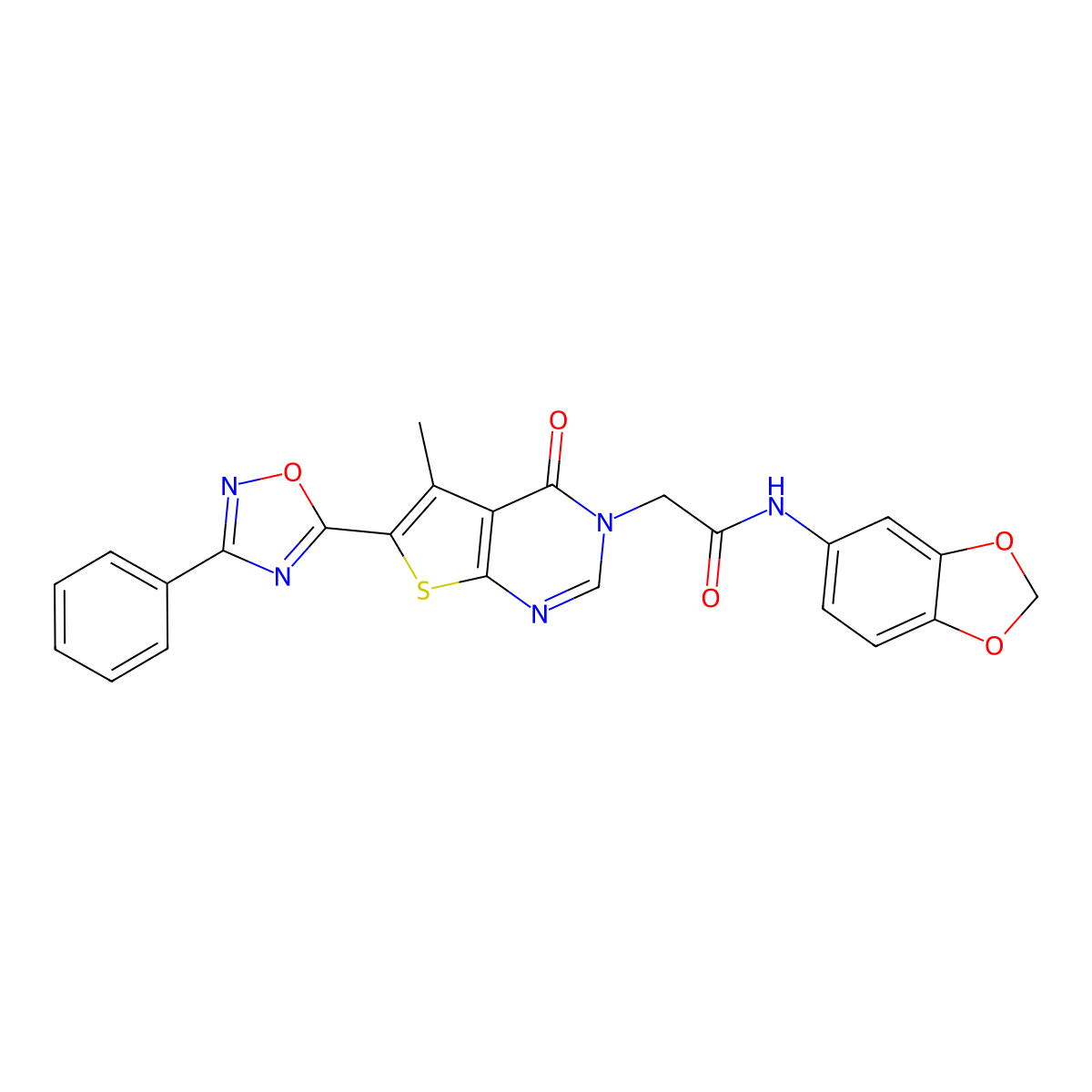 N-(benzo[d][1,3]dioxol-5-yl)-2-(5-methyl-4-oxo-6-(3-phenyl-1,2,4-oxadiazol-5-yl)thieno[2,3-d]pyrimidin-3(4H)-yl)acetamide molecular structure, CAS 1243024-56-7