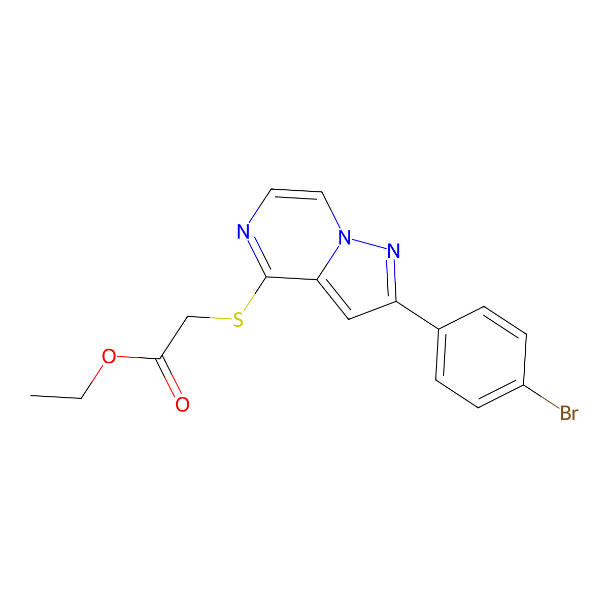 Ethyl {[2-(4-bromophenyl)pyrazolo[1,5-a]pyrazin-4-yl]thio}acetate molecular structure, CAS 1243024-89-6