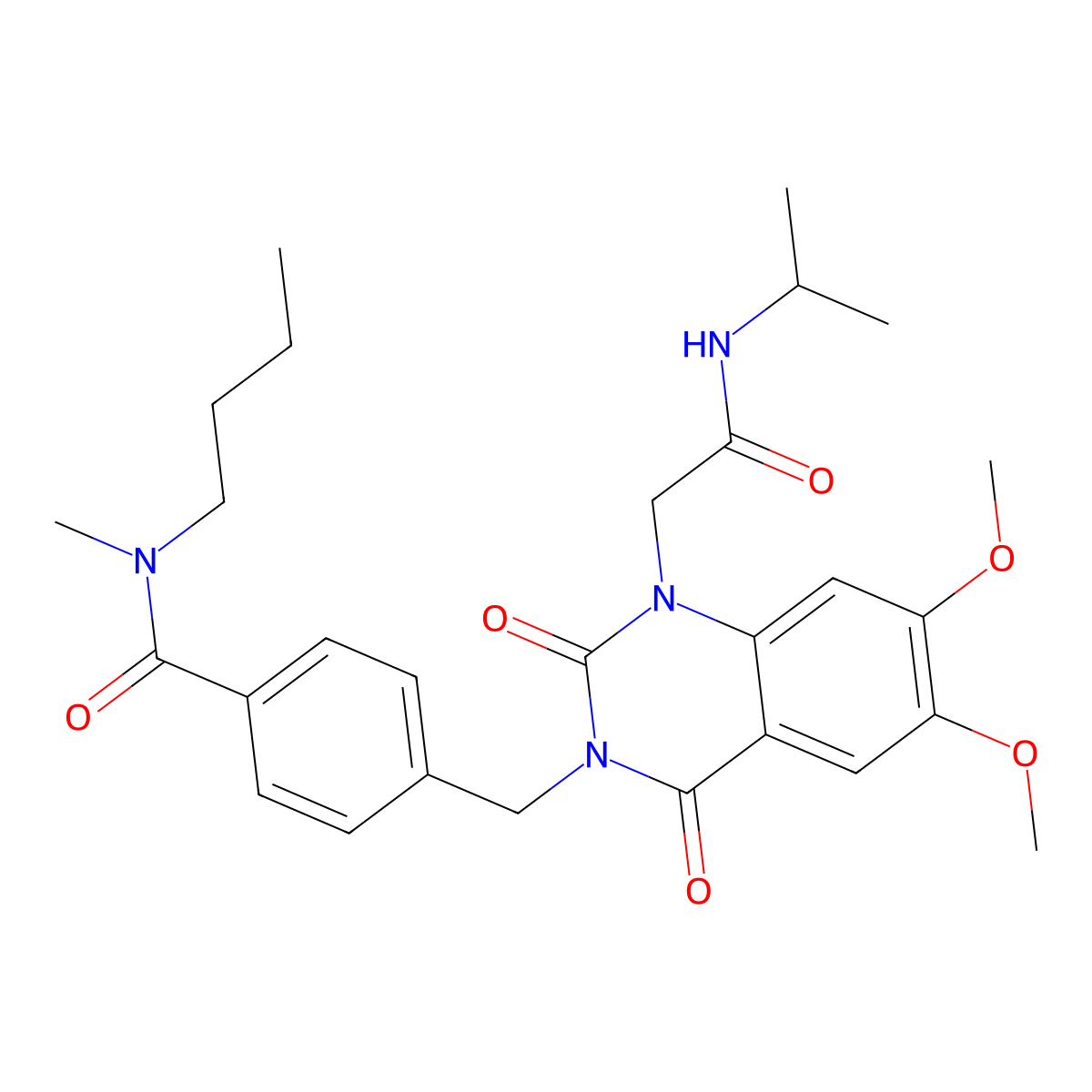 N-butyl-4-((1-(2-(isopropylamino)-2-oxoethyl)-6,7-dimethoxy-2,4-dioxo-1,2-dihydroquinazolin-3(4H)-yl)methyl)-N-methylbenzamide molecular structure, CAS 1243027-13-5