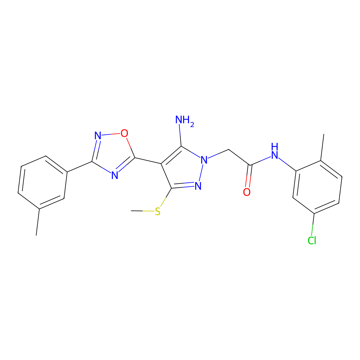 2-{5-amino-4-[3-(3-methylphenyl)-1,2,4-oxadiazol-5-yl]-3-(methylsulfanyl)-1H-pyrazol-1-yl}-N-(5-chloro-2-methylphenyl)acetamide molecular structure, CAS 1243028-27-4