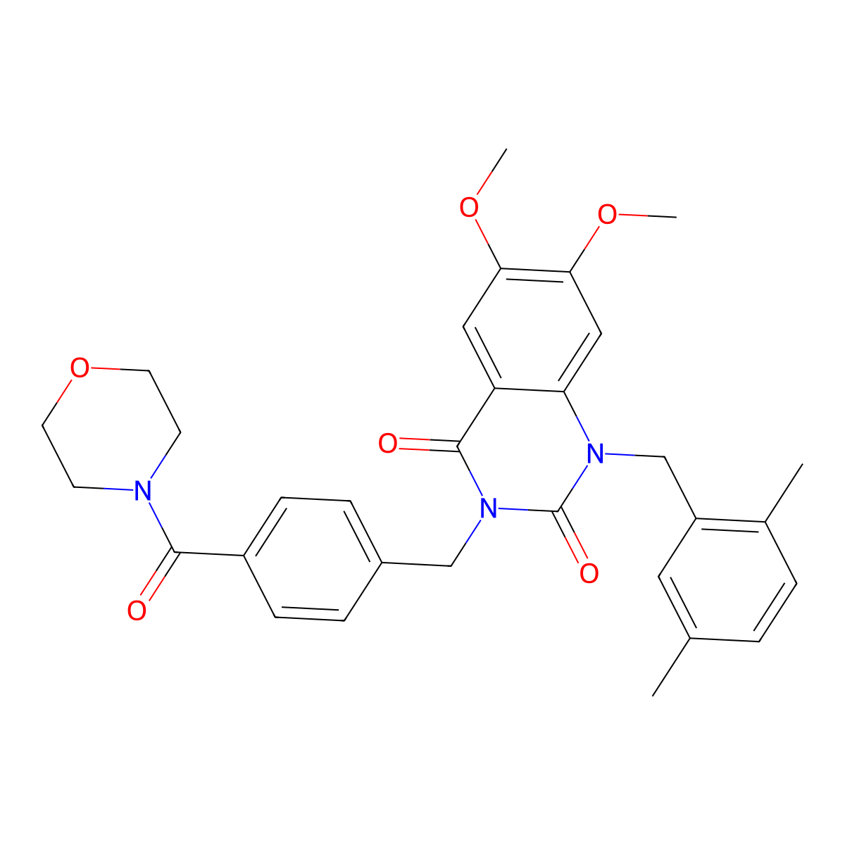 1-(2,5-dimethylbenzyl)-6,7-dimethoxy-3-(4-(morpholine-4-carbonyl)benzyl)quinazoline-2,4(1H,3H)-dione molecular structure, CAS 1243030-36-5