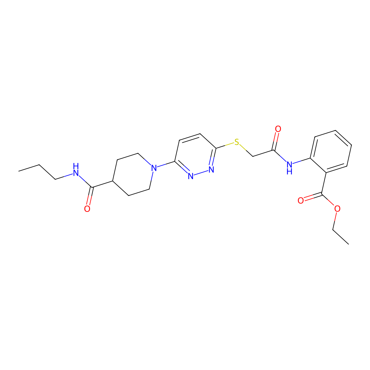Ethyl 2-(2-((6-(4-(propylcarbamoyl)piperidin-1-yl)pyridazin-3-yl)thio)acetamido)benzoate molecular structure, CAS 1243044-65-6