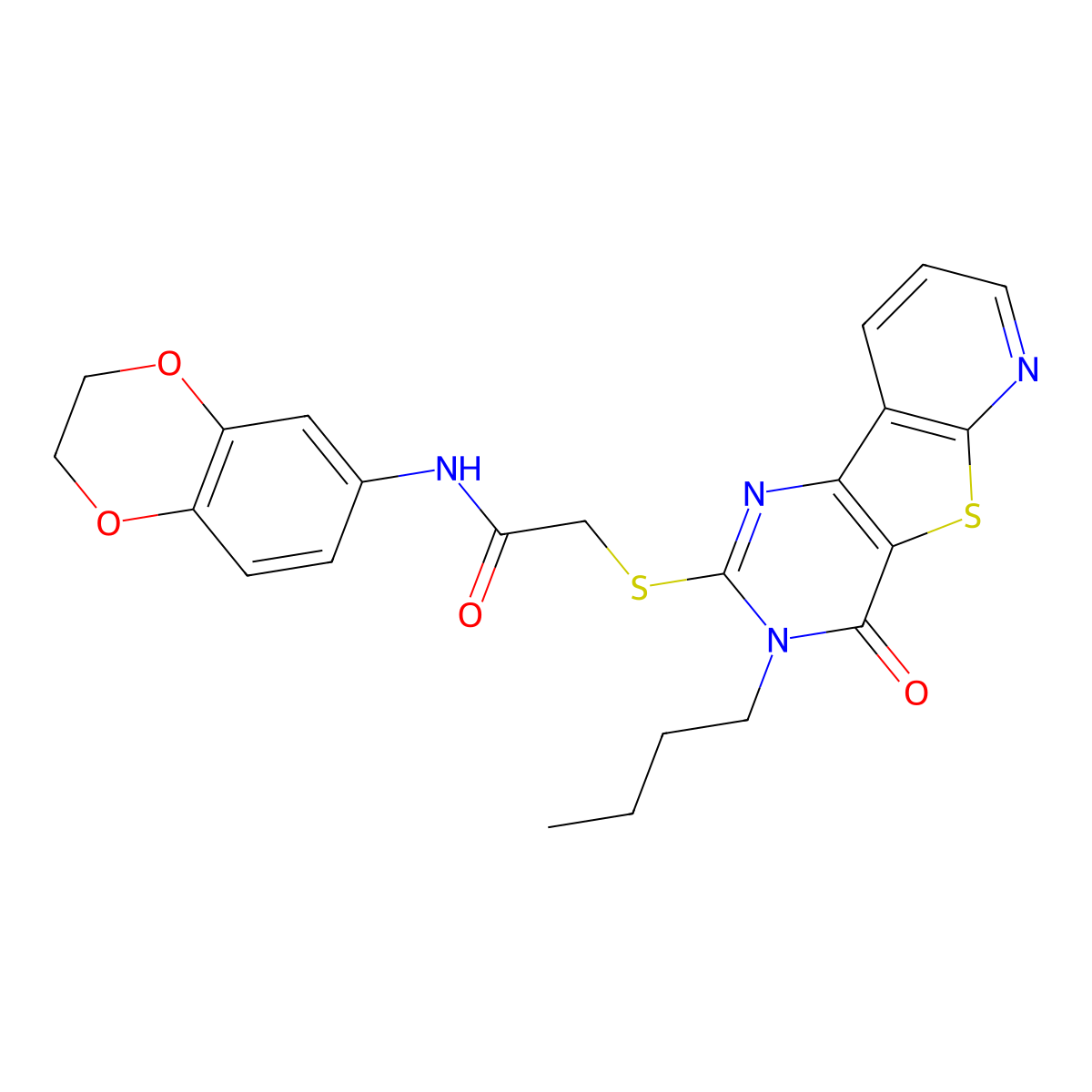2-({5-butyl-6-oxo-8-thia-3,5,10-triazatricyclo[7.4.0.0^{2,7}]trideca-1(9),2(7),3,10,12-pentaen-4-yl}sulfanyl)-N-(2,3-dihydro-1,4-benzodioxin-6-yl)acetamide molecular structure, CAS 1243044-78-1