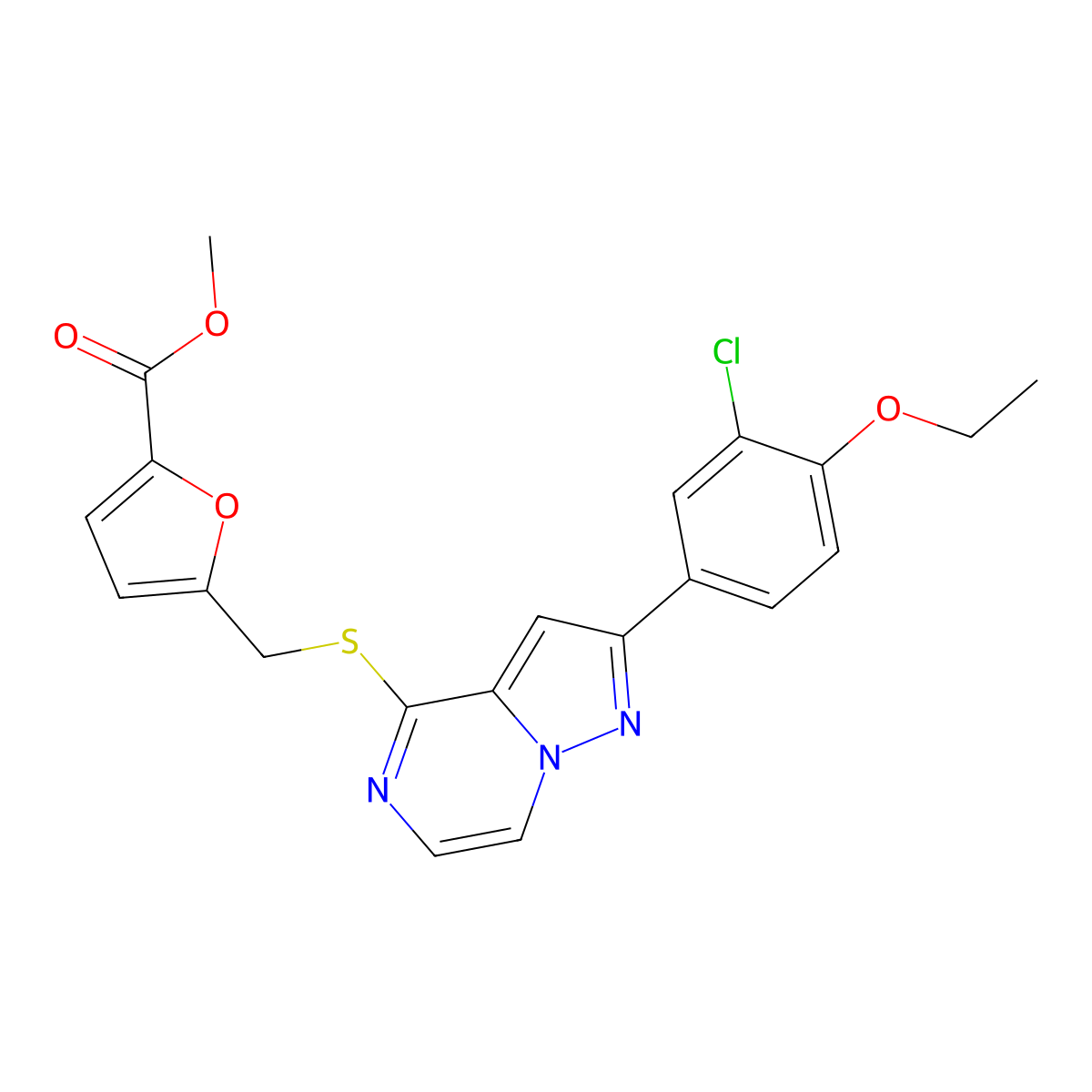 Methyl 5-({[2-(3-chloro-4-ethoxyphenyl)pyrazolo[1,5-a]pyrazin-4-yl]sulfanyl}methyl)furan-2-carboxylate molecular structure, CAS 1243048-11-4
