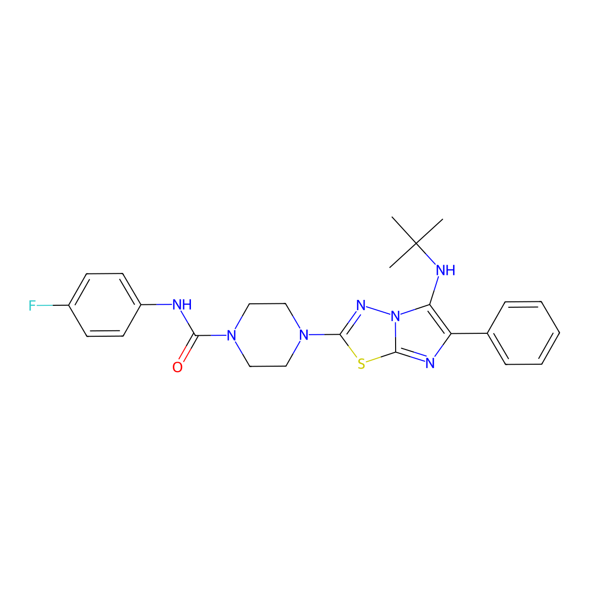4-[5-(tert-butylamino)-6-phenylimidazo[2,1-b][1,3,4]thiadiazol-2-yl]-N-(4-fluorophenyl)piperazine-1-carboxamide molecular structure, CAS 1243051-73-1