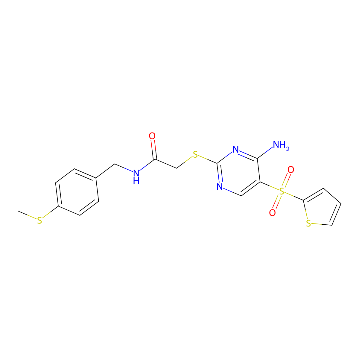 2-((4-amino-5-(thiophen-2-ylsulfonyl)pyrimidin-2-yl)thio)-N-(4-(methylthio)benzyl)acetamide molecular structure, CAS 1243059-82-6