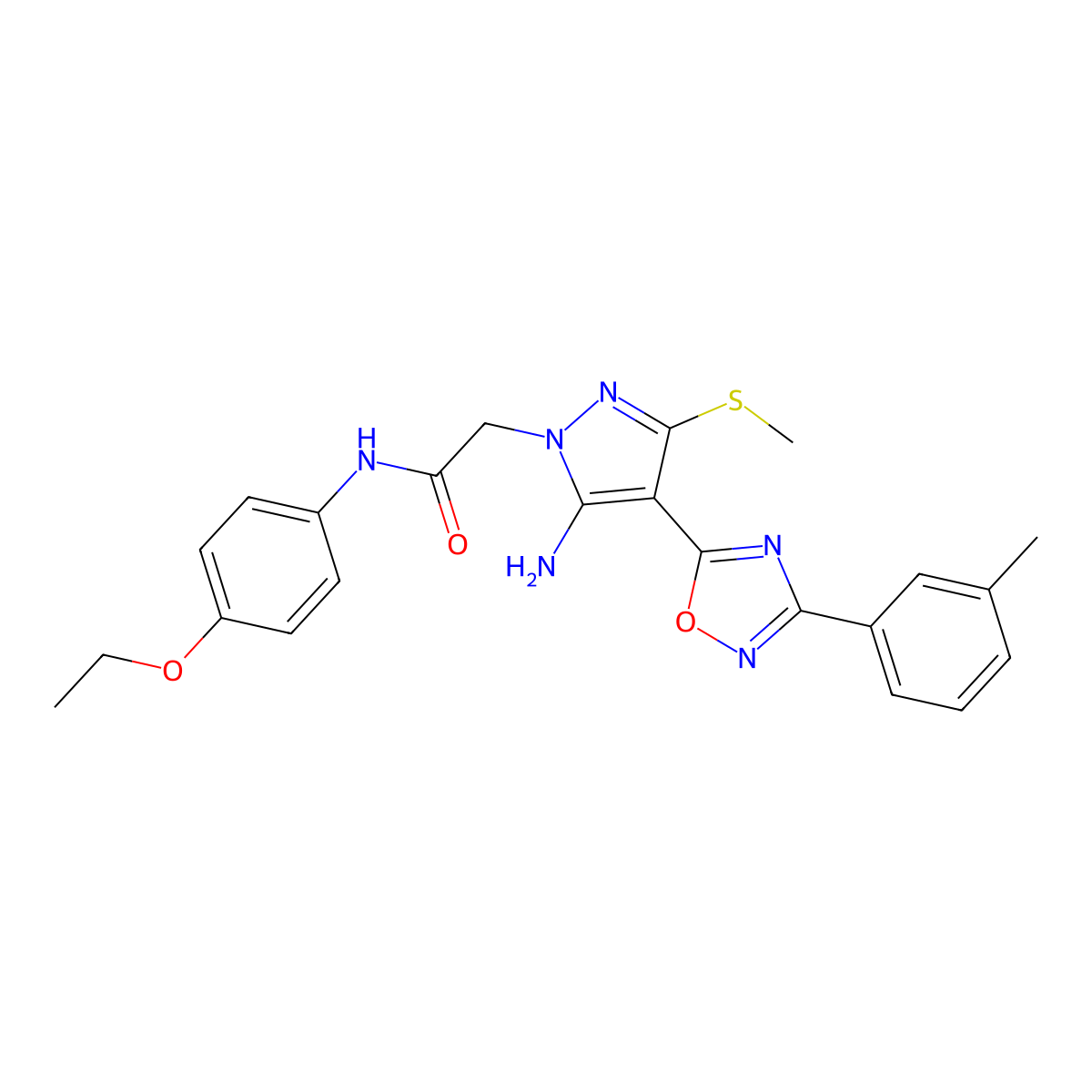 2-{5-amino-4-[3-(3-methylphenyl)-1,2,4-oxadiazol-5-yl]-3-(methylsulfanyl)-1H-pyrazol-1-yl}-N-(4-ethoxyphenyl)acetamide molecular structure, CAS 1243060-08-3