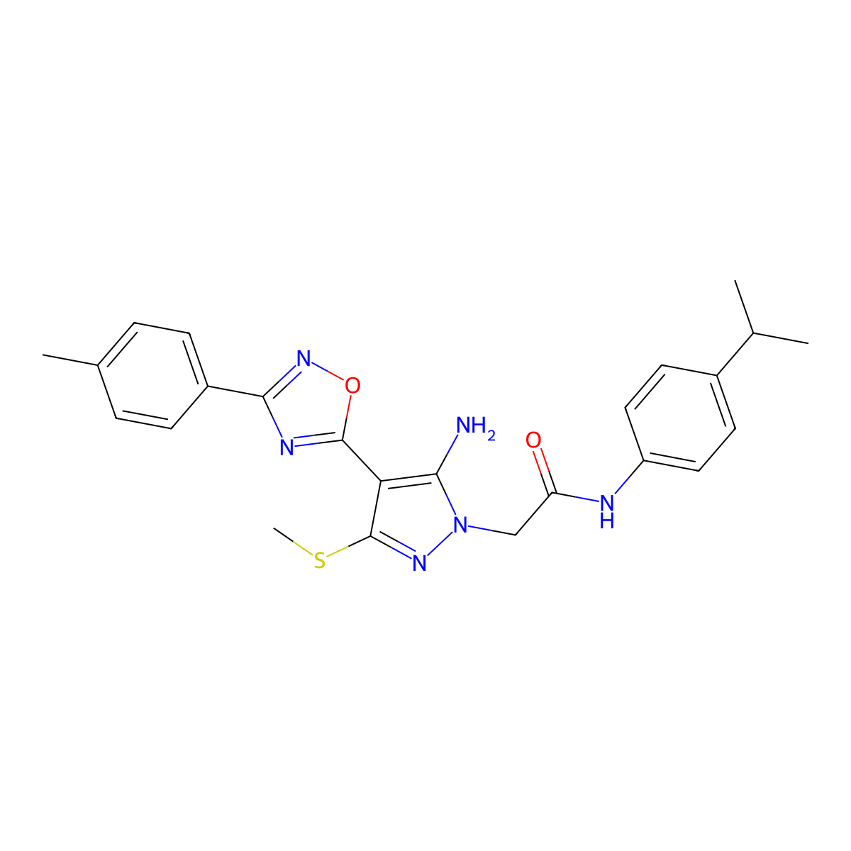 2-{5-amino-4-[3-(4-methylphenyl)-1,2,4-oxadiazol-5-yl]-3-(methylsulfanyl)-1H-pyrazol-1-yl}-N-[4-(propan-2-yl)phenyl]acetamide molecular structure, CAS 1243061-07-5