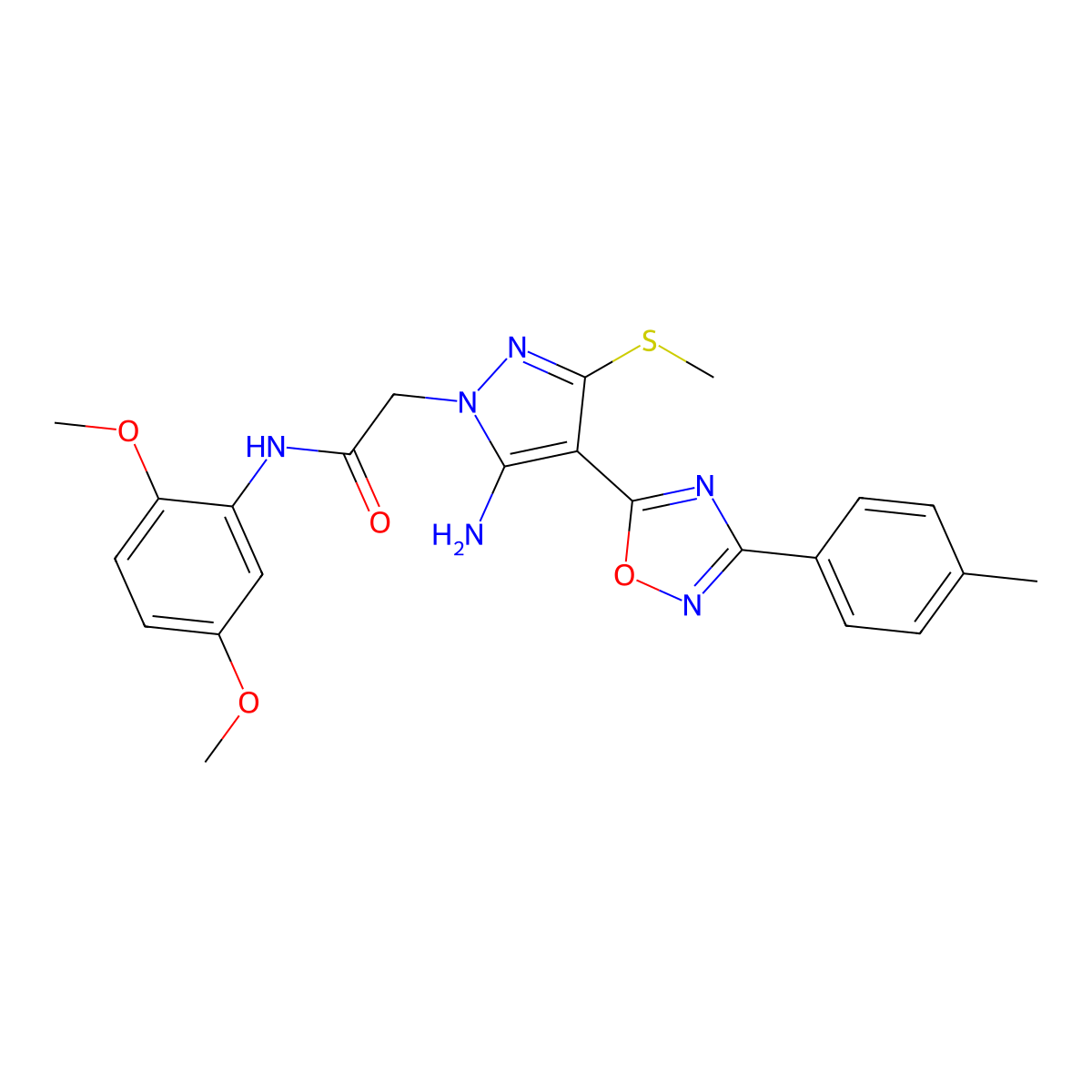 2-{5-amino-4-[3-(4-methylphenyl)-1,2,4-oxadiazol-5-yl]-3-(methylsulfanyl)-1H-pyrazol-1-yl}-N-(2,5-dimethoxyphenyl)acetamide molecular structure, CAS 1243061-62-2