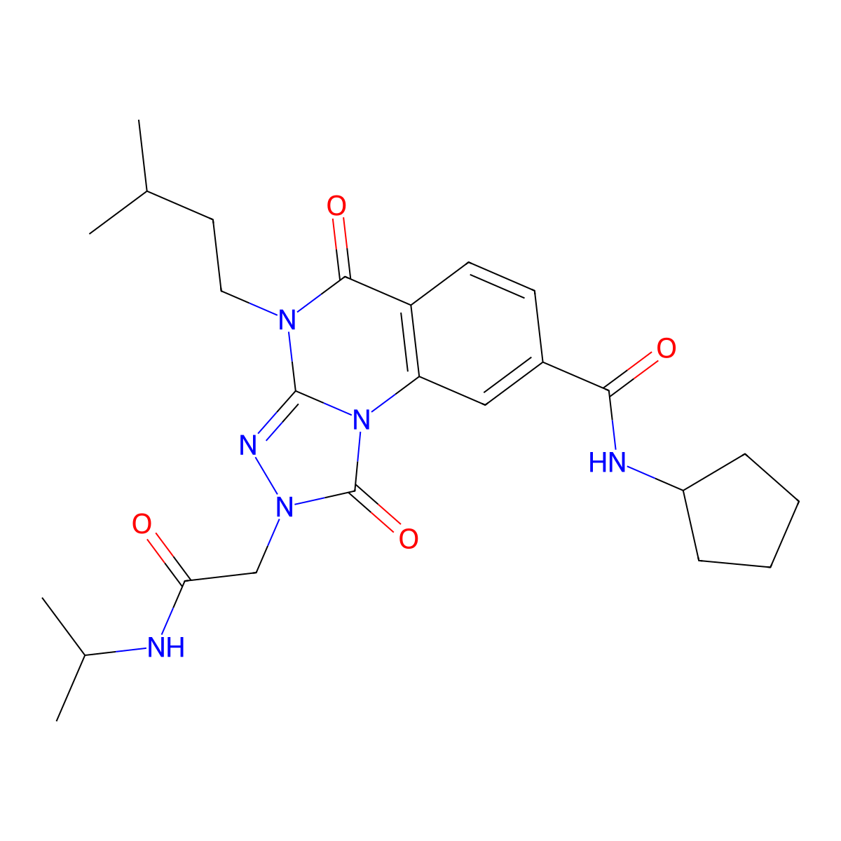 N-cyclopentyl-4-(3-methylbutyl)-1,5-dioxo-2-{[(propan-2-yl)carbamoyl]methyl}-1H,2H,4H,5H-[1,2,4]triazolo[4,3-a]quinazoline-8-carboxamide molecular structure, CAS 1243062-03-4