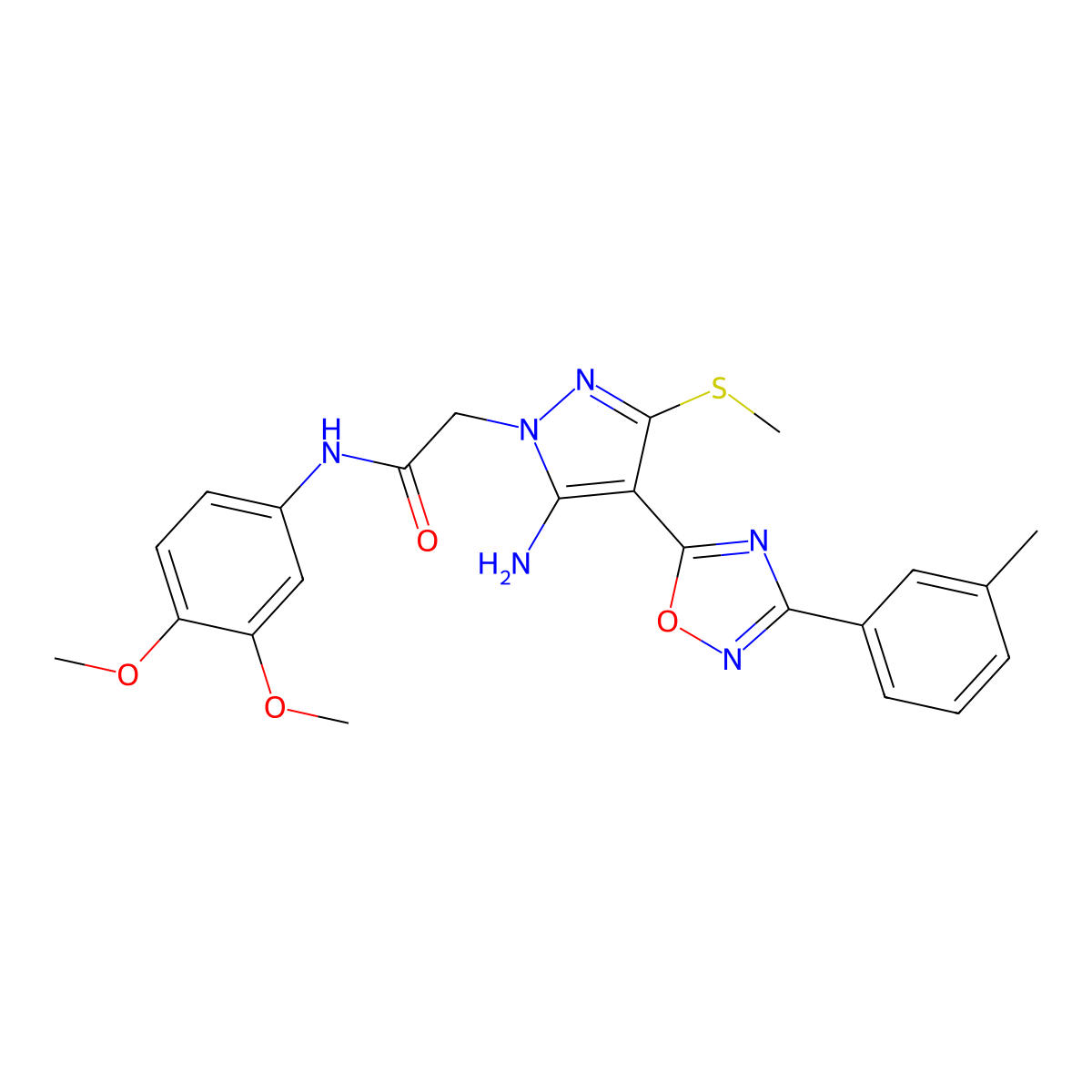 2-{5-amino-4-[3-(3-methylphenyl)-1,2,4-oxadiazol-5-yl]-3-(methylsulfanyl)-1H-pyrazol-1-yl}-N-(3,4-dimethoxyphenyl)acetamide molecular structure, CAS 1243063-75-3