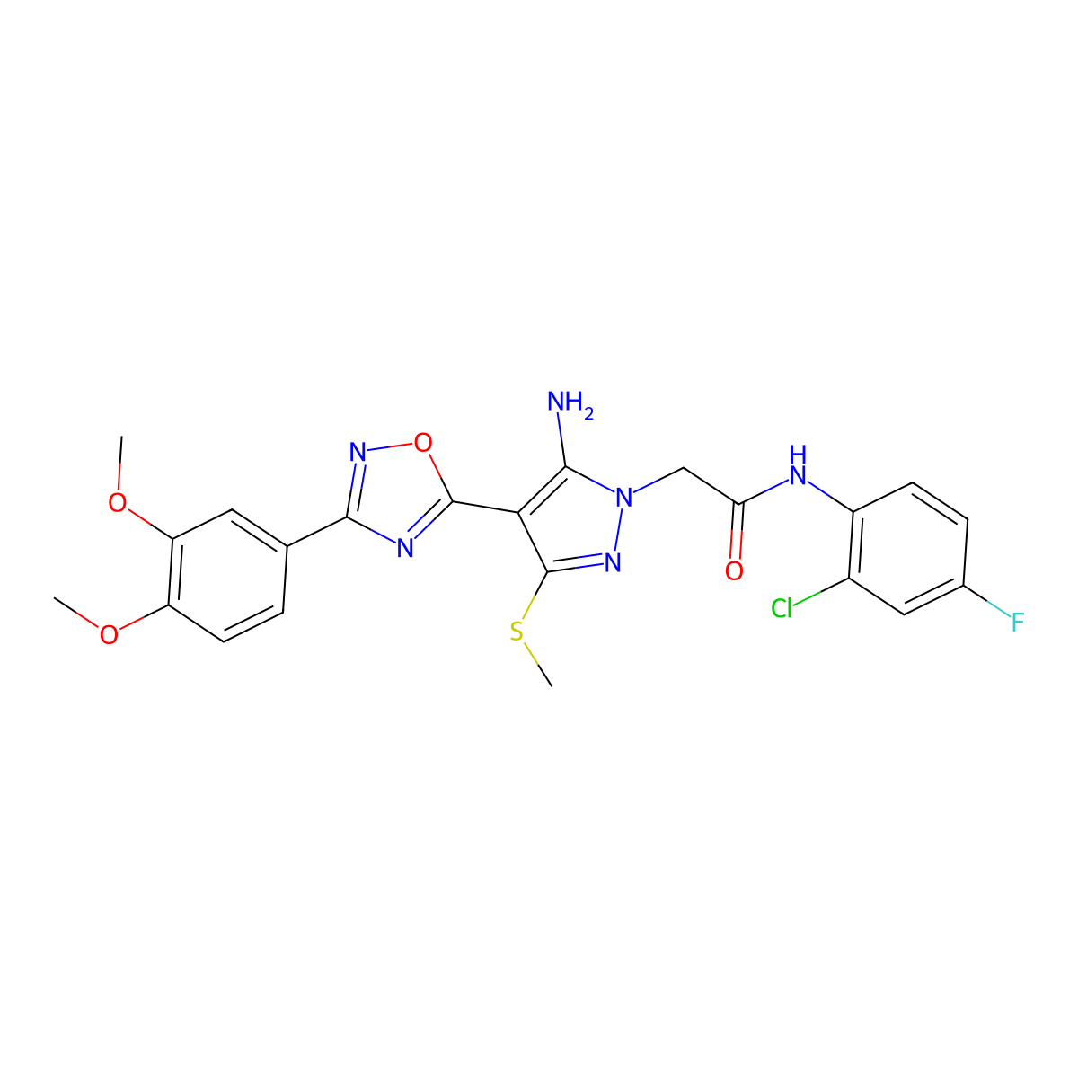 2-(5-amino-4-(3-(3,4-dimethoxyphenyl)-1,2,4-oxadiazol-5-yl)-3-(methylthio)-1H-pyrazol-1-yl)-N-(2-chloro-4-fluorophenyl)acetamide molecular structure, CAS 1243064-27-8