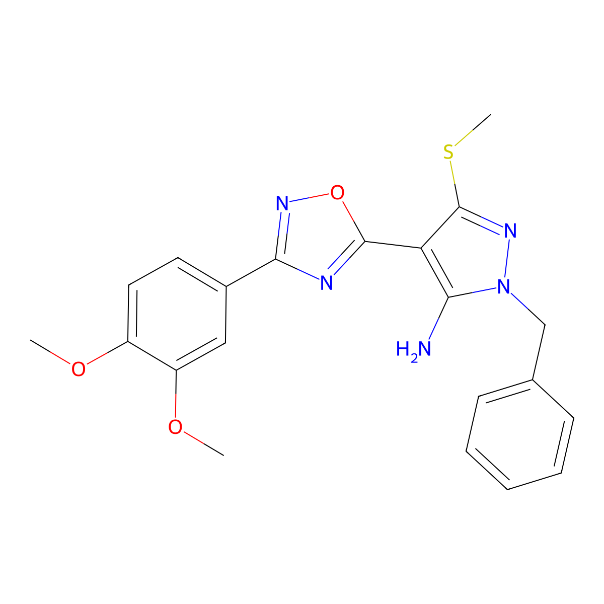 1-benzyl-4-[3-(3,4-dimethoxyphenyl)-1,2,4-oxadiazol-5-yl]-3-(methylsulfanyl)-1H-pyrazol-5-amine molecular structure, CAS 1243064-54-1