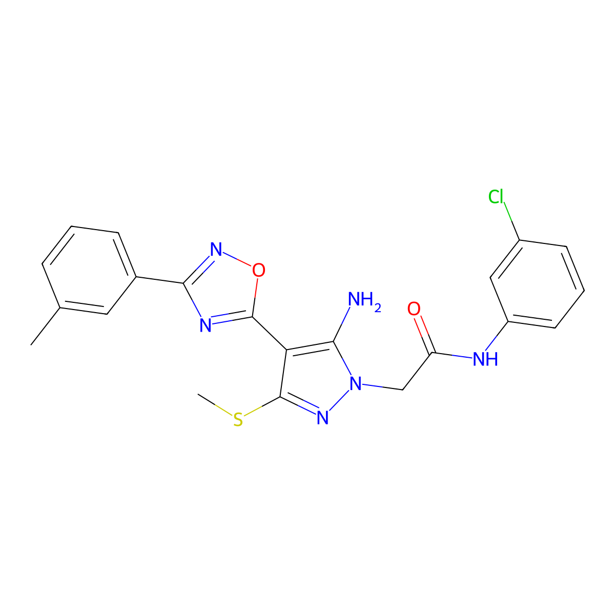 2-{5-amino-4-[3-(3-methylphenyl)-1,2,4-oxadiazol-5-yl]-3-(methylsulfanyl)-1H-pyrazol-1-yl}-N-(3-chlorophenyl)acetamide molecular structure, CAS 1243065-01-1