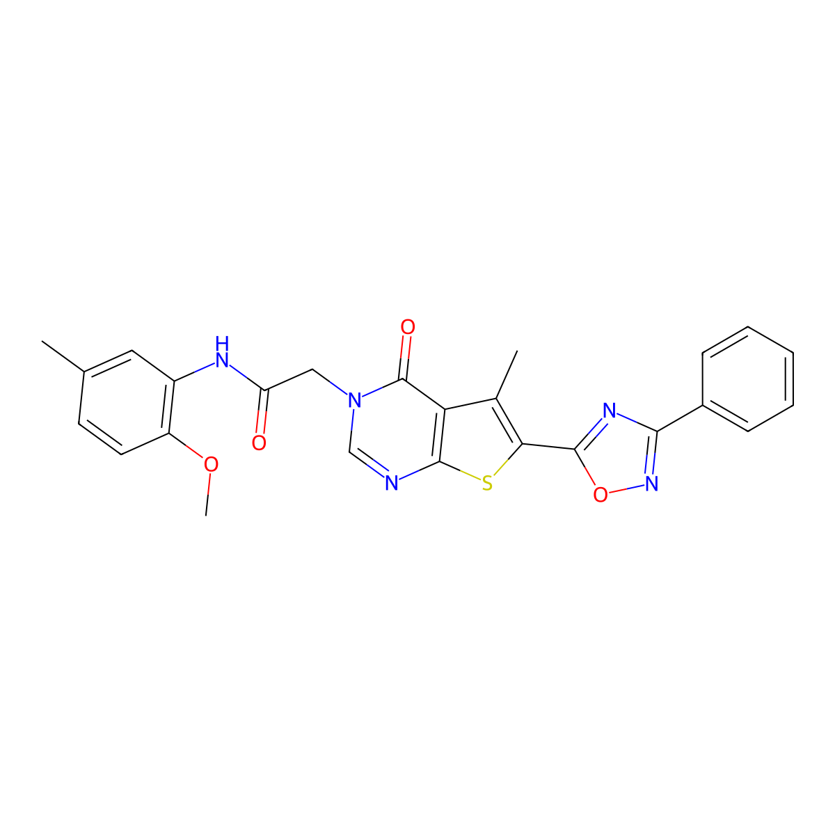 N-(2-methoxy-5-methylphenyl)-2-(5-methyl-4-oxo-6-(3-phenyl-1,2,4-oxadiazol-5-yl)thieno[2,3-d]pyrimidin-3(4H)-yl)acetamide molecular structure, CAS 1243066-36-5
