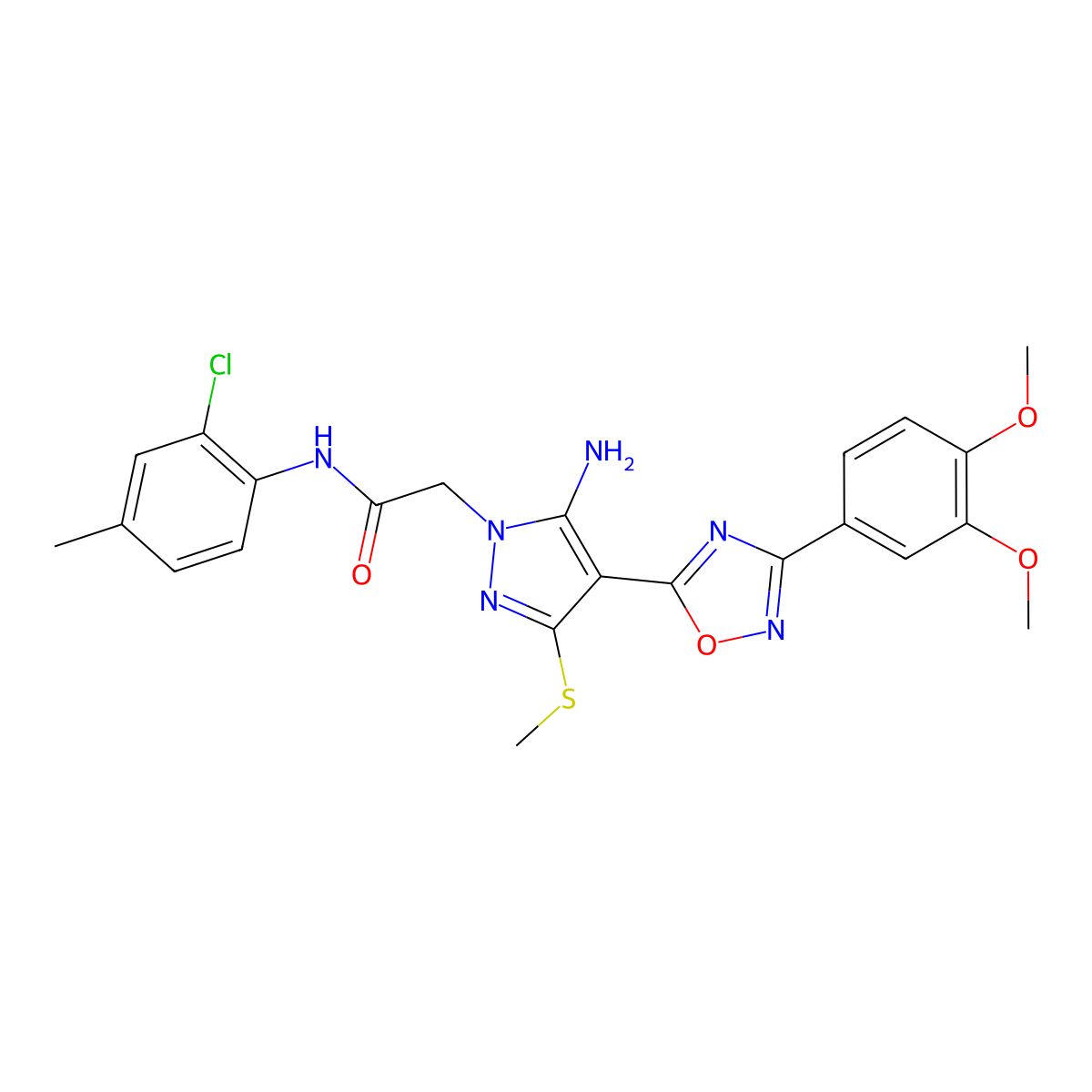 2-(5-amino-4-(3-(3,4-dimethoxyphenyl)-1,2,4-oxadiazol-5-yl)-3-(methylthio)-1H-pyrazol-1-yl)-N-(2-chloro-4-methylphenyl)acetamide molecular structure, CAS 1243067-01-7