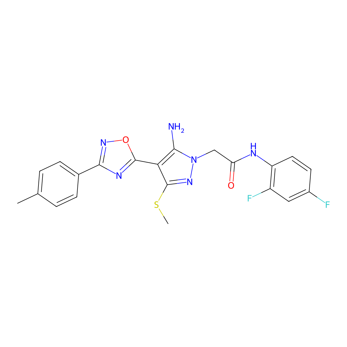 2-{5-amino-4-[3-(4-methylphenyl)-1,2,4-oxadiazol-5-yl]-3-(methylsulfanyl)-1H-pyrazol-1-yl}-N-(2,4-difluorophenyl)acetamide molecular structure, CAS 1243067-06-2