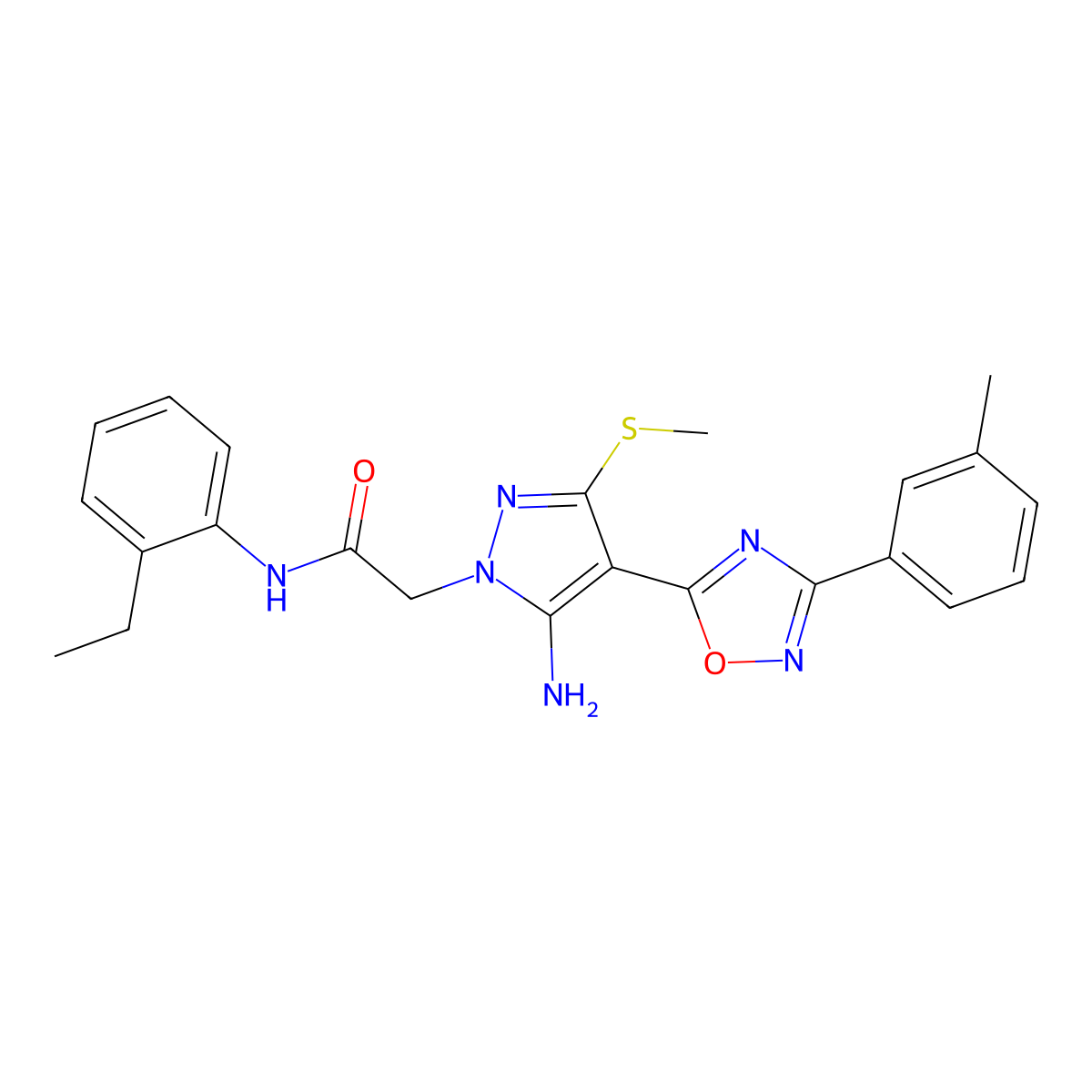 2-{5-amino-4-[3-(3-methylphenyl)-1,2,4-oxadiazol-5-yl]-3-(methylsulfanyl)-1H-pyrazol-1-yl}-N-(2-ethylphenyl)acetamide molecular structure, CAS 1243068-43-0
