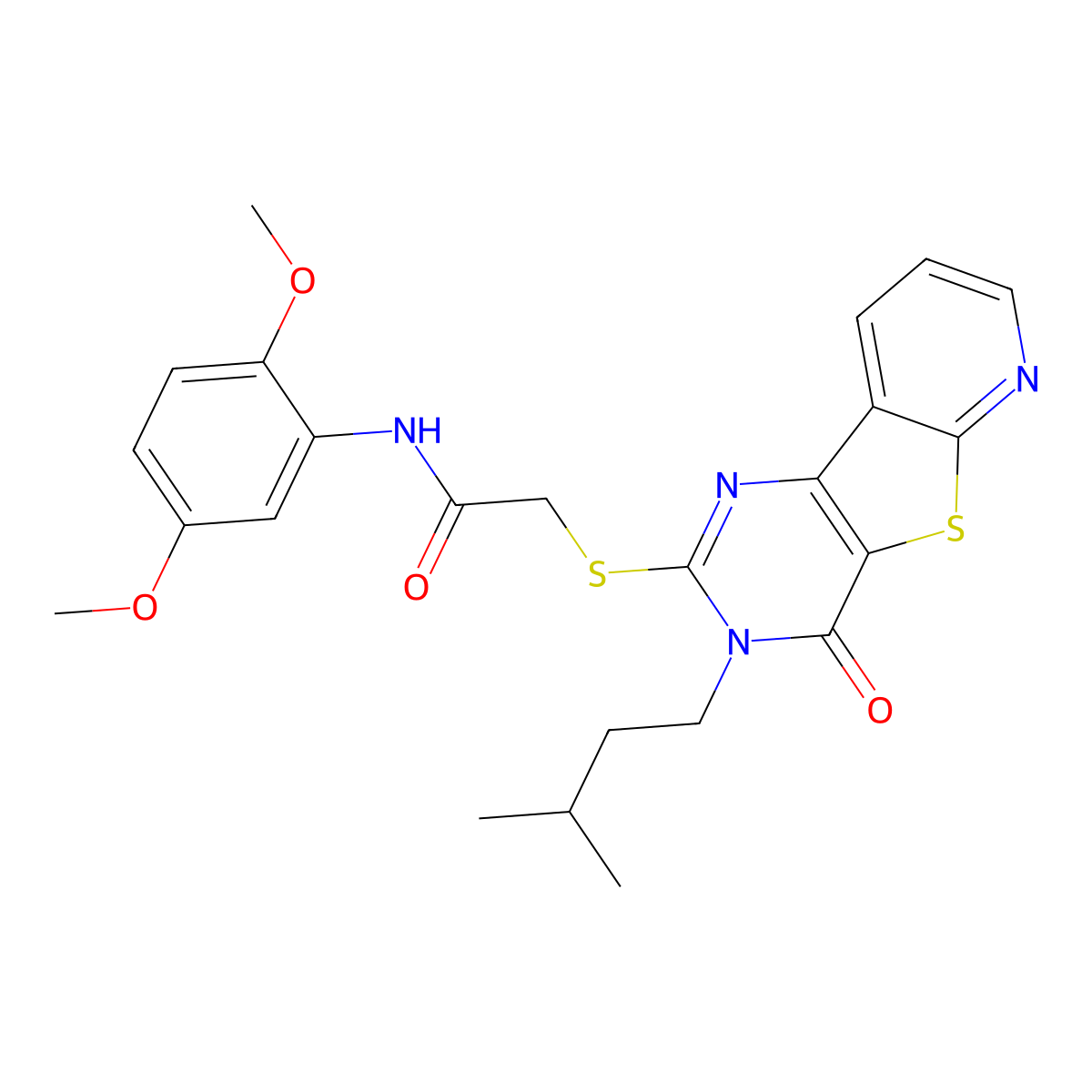 N-(2,5-dimethoxyphenyl)-2-{[5-(3-methylbutyl)-6-oxo-8-thia-3,5,10-triazatricyclo[7.4.0.0^{2,7}]trideca-1(9),2(7),3,10,12-pentaen-4-yl]sulfanyl}acetamide molecular structure, CAS 1243071-21-7