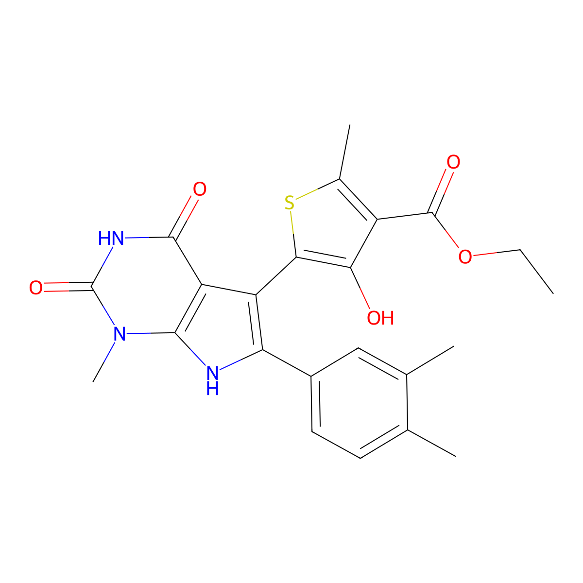 Ethyl 5-(6-(3,4-dimethylphenyl)-1-methyl-2,4-dioxo-2,3,4,7-tetrahydro-1H-pyrrolo[2,3-d]pyrimidin-5-yl)-4-hydroxy-2-methylthiophene-3-carboxylate molecular structure, CAS 1243071-99-9