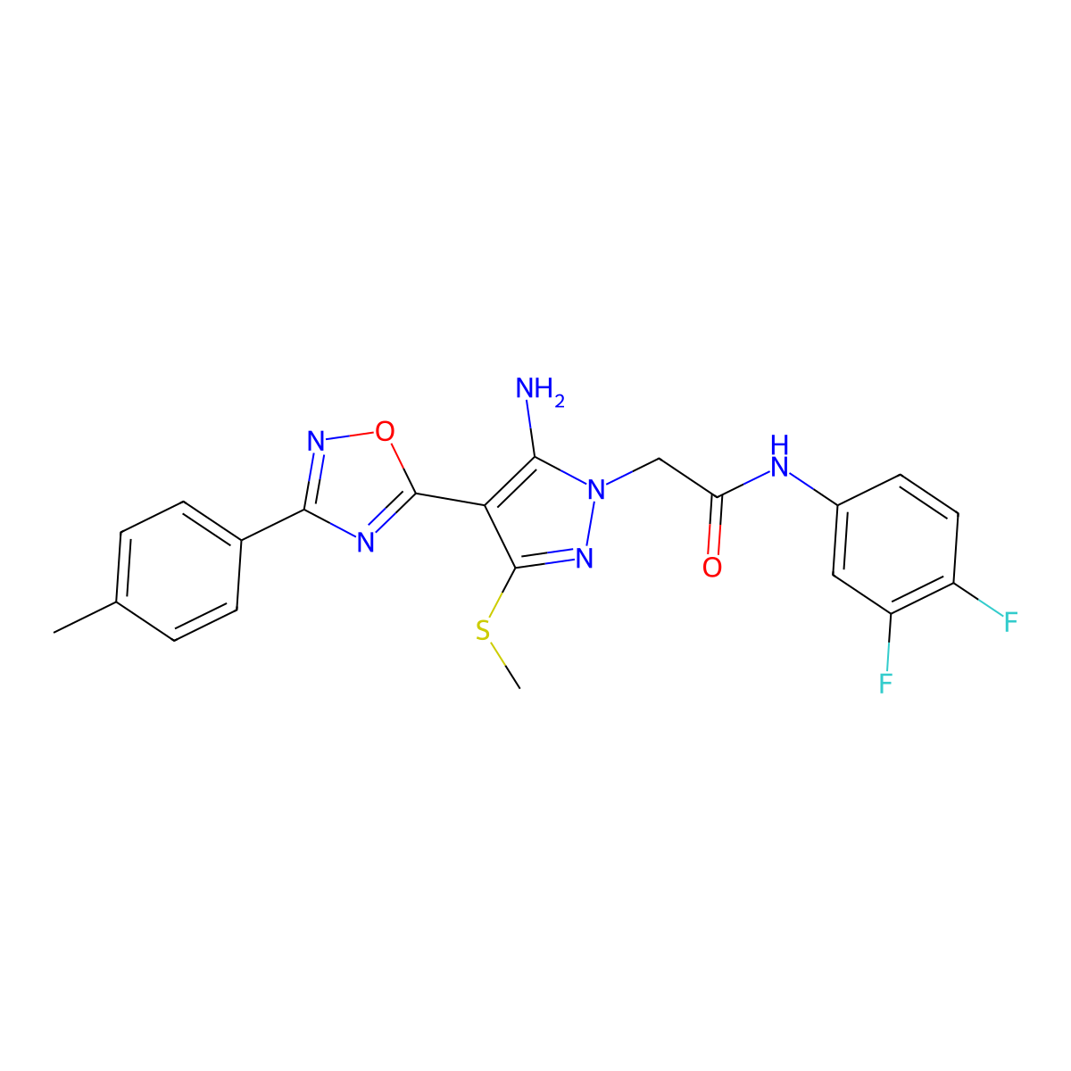 2-{5-amino-4-[3-(4-methylphenyl)-1,2,4-oxadiazol-5-yl]-3-(methylsulfanyl)-1H-pyrazol-1-yl}-N-(3,4-difluorophenyl)acetamide molecular structure, CAS 1243073-94-0