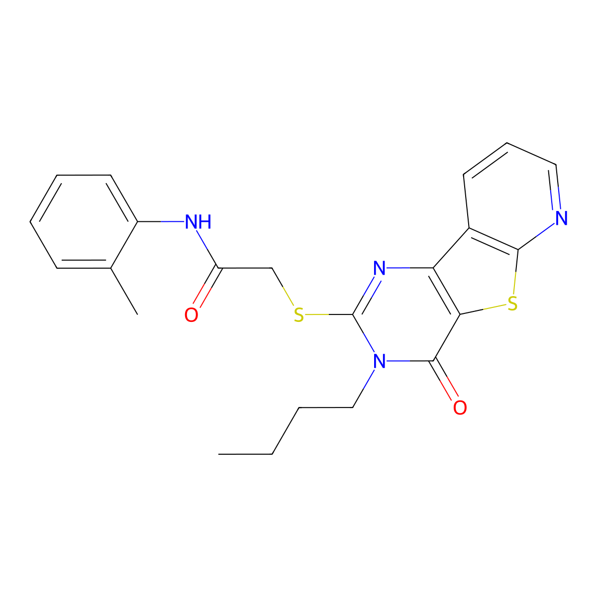 2-({5-butyl-6-oxo-8-thia-3,5,10-triazatricyclo[7.4.0.0^{2,7}]trideca-1(9),2(7),3,10,12-pentaen-4-yl}sulfanyl)-N-(2-methylphenyl)acetamide molecular structure, CAS 1243074-19-2