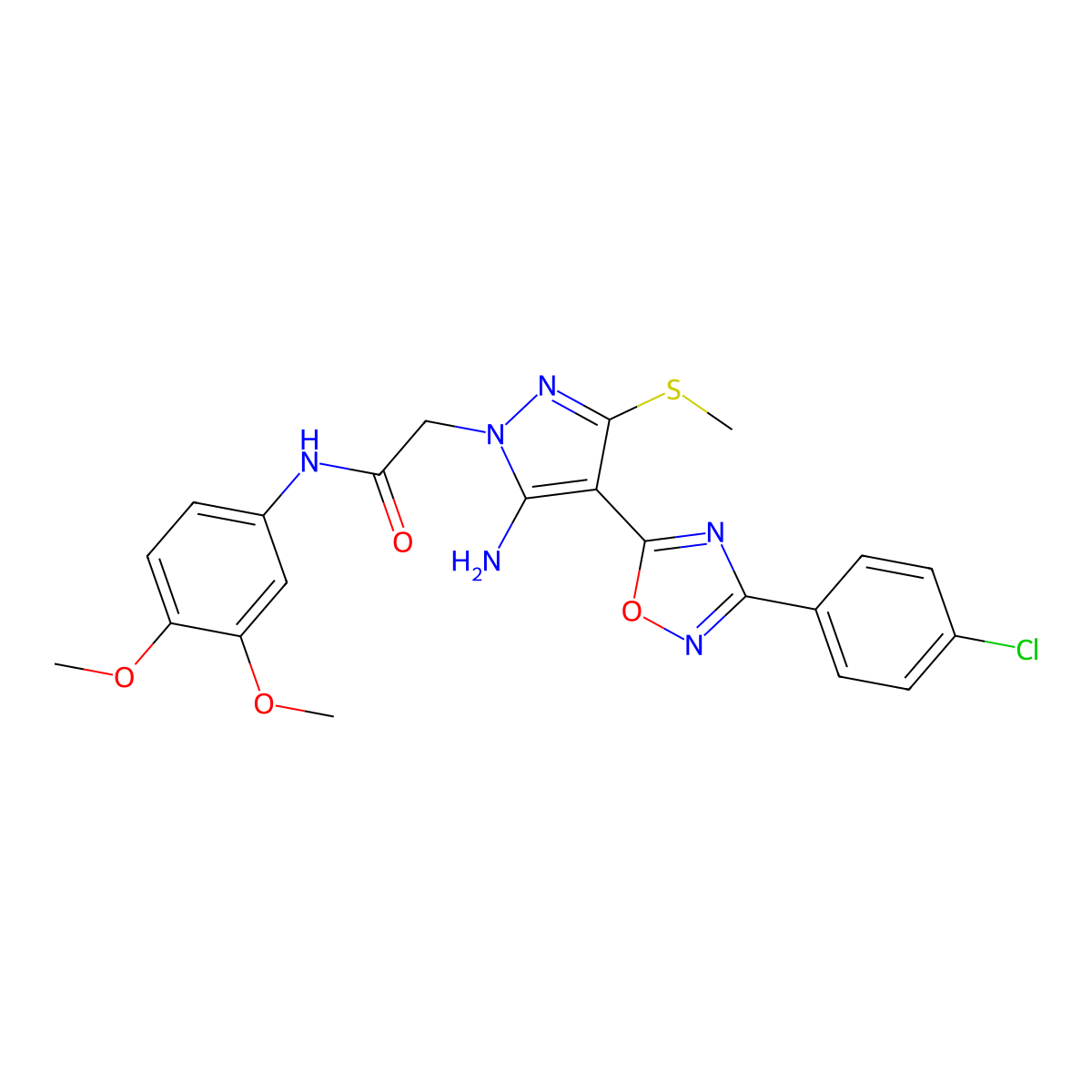 2-(5-amino-4-(3-(4-chlorophenyl)-1,2,4-oxadiazol-5-yl)-3-(methylthio)-1H-pyrazol-1-yl)-N-(3,4-dimethoxyphenyl)acetamide molecular structure, CAS 1243075-62-8