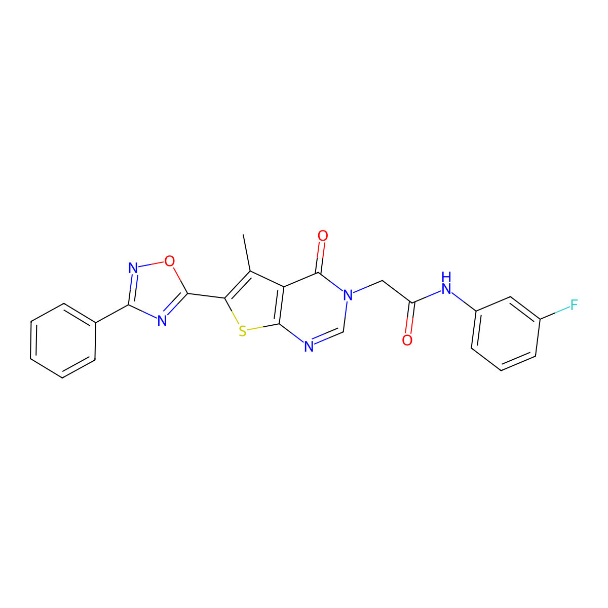 N-(3-fluorophenyl)-2-(5-methyl-4-oxo-6-(3-phenyl-1,2,4-oxadiazol-5-yl)thieno[2,3-d]pyrimidin-3(4H)-yl)acetamide molecular structure, CAS 1243077-20-4