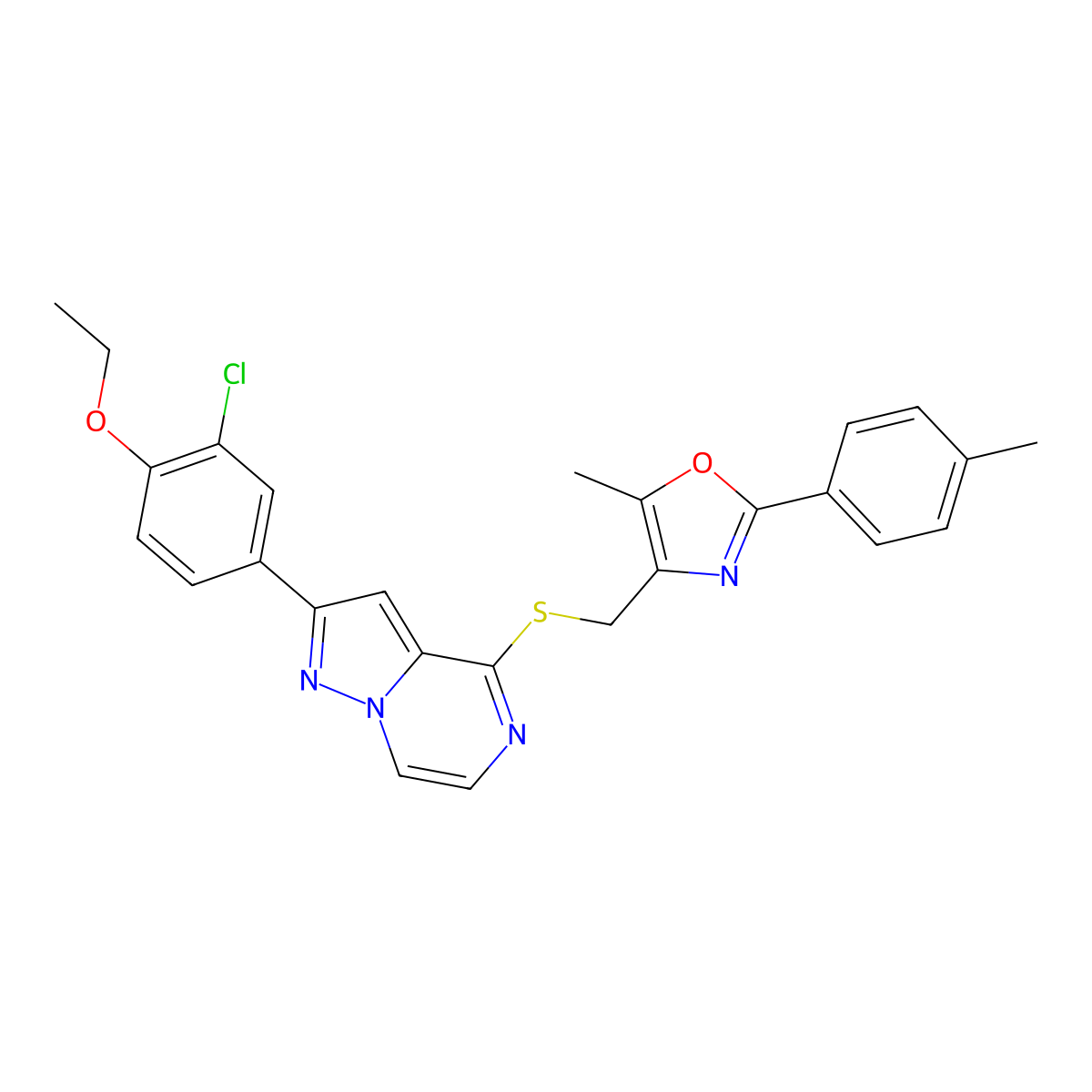 2-(3-Chloro-4-ethoxyphenyl)-4-({[5-methyl-2-(4-methylphenyl)-1,3-oxazol-4-yl]methyl}thio)pyrazolo[1,5-a]pyrazine molecular structure, CAS 1243078-58-1