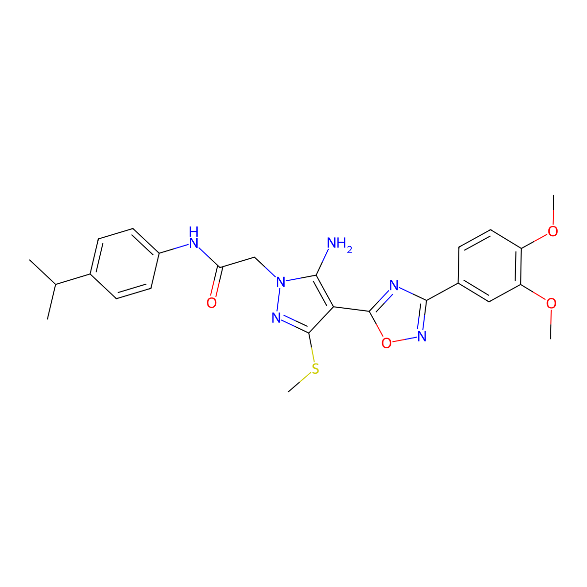 2-(5-amino-4-(3-(3,4-dimethoxyphenyl)-1,2,4-oxadiazol-5-yl)-3-(methylthio)-1H-pyrazol-1-yl)-N-(4-isopropylphenyl)acetamide molecular structure, CAS 1243082-25-8