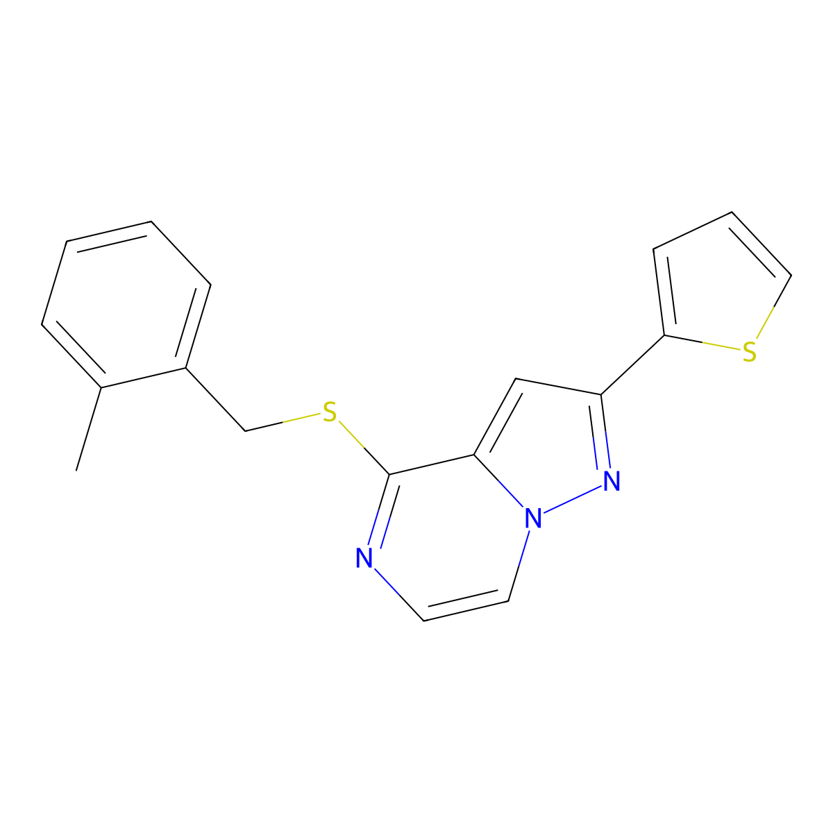 4-((2-Methylbenzyl)thio)-2-(thiophen-2-yl)pyrazolo[1,5-a]pyrazine molecular structure, CAS 1243085-30-4