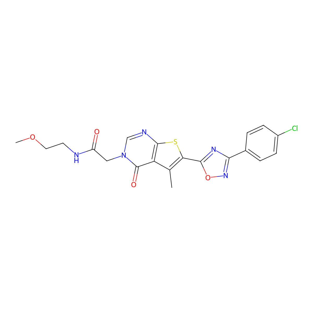2-(6-(3-(4-chlorophenyl)-1,2,4-oxadiazol-5-yl)-5-methyl-4-oxothieno[2,3-d]pyrimidin-3(4H)-yl)-N-(2-methoxyethyl)acetamide molecular structure, CAS 1243087-64-0