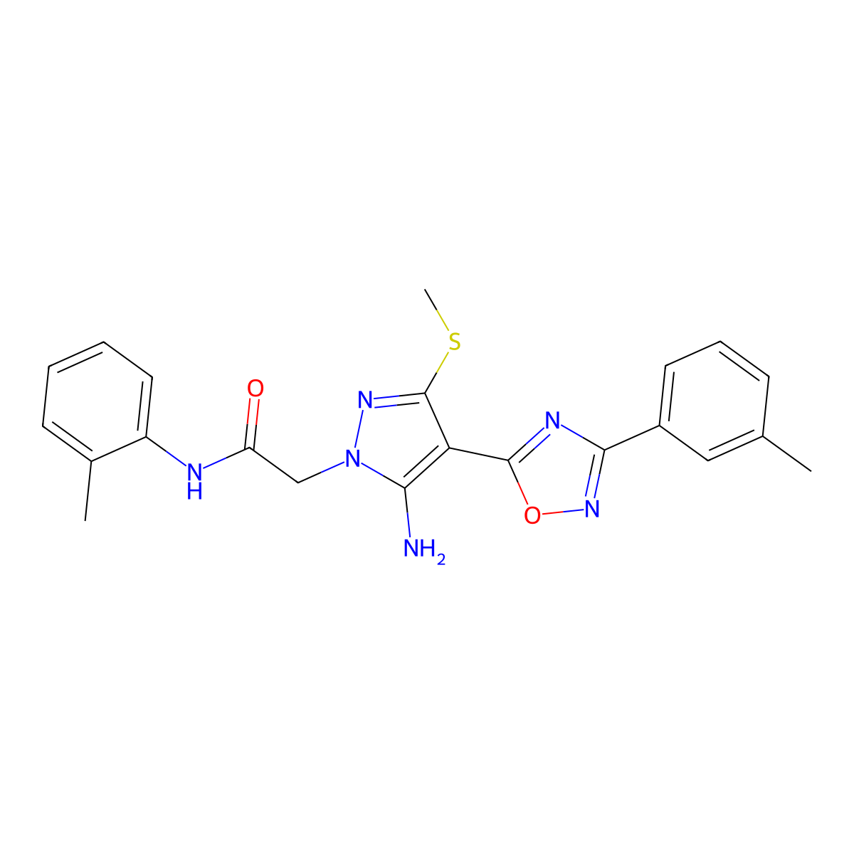 2-{5-amino-4-[3-(3-methylphenyl)-1,2,4-oxadiazol-5-yl]-3-(methylsulfanyl)-1H-pyrazol-1-yl}-N-(2-methylphenyl)acetamide molecular structure, CAS 1243089-03-3
