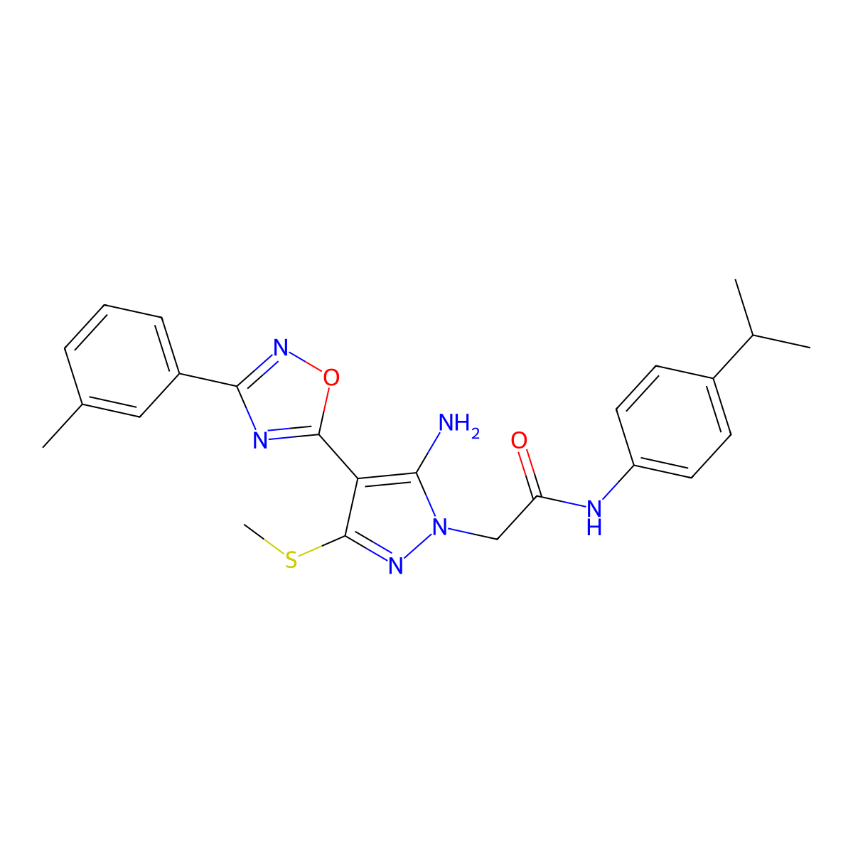2-{5-amino-4-[3-(3-methylphenyl)-1,2,4-oxadiazol-5-yl]-3-(methylsulfanyl)-1H-pyrazol-1-yl}-N-[4-(propan-2-yl)phenyl]acetamide molecular structure, CAS 1243092-63-8