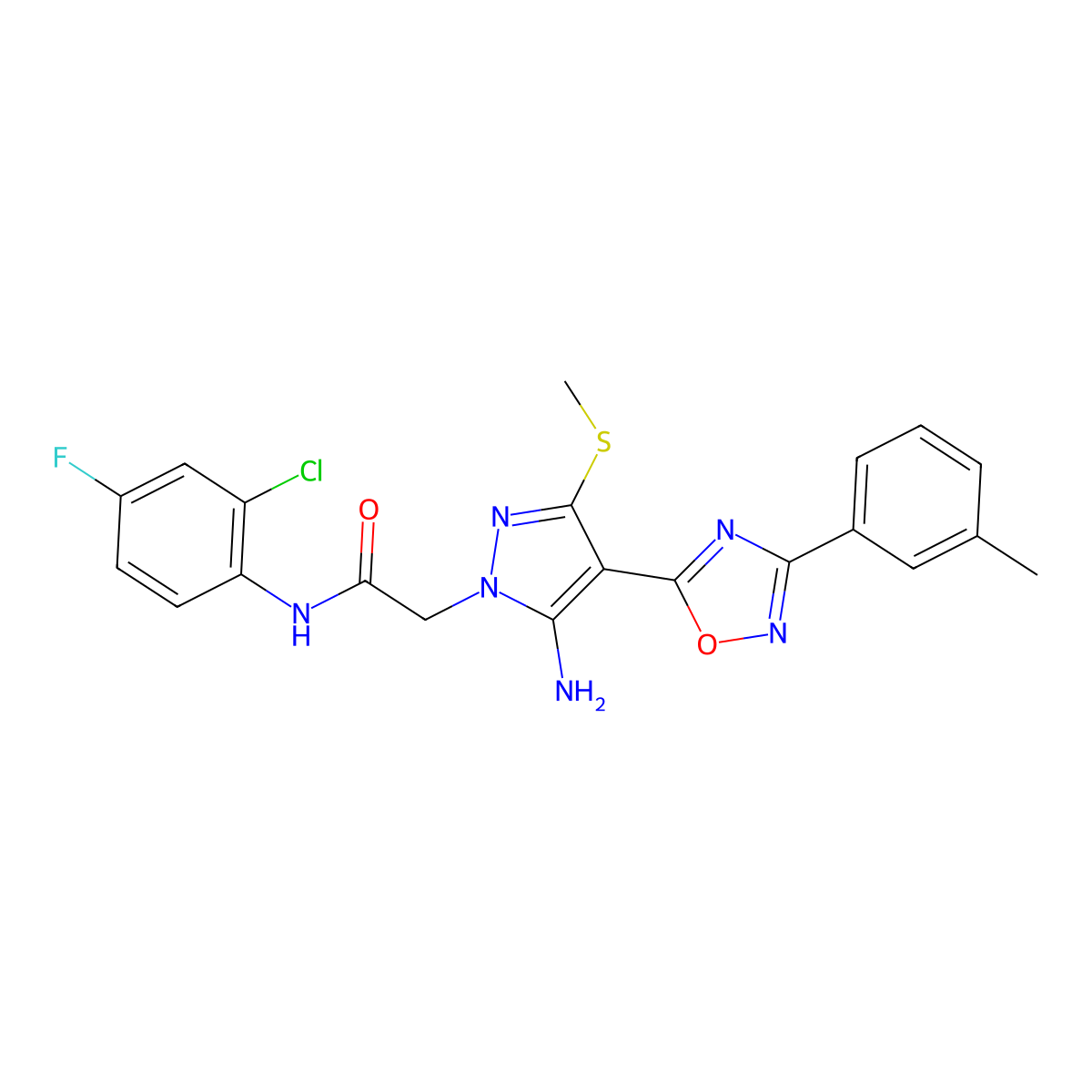 2-{5-amino-4-[3-(3-methylphenyl)-1,2,4-oxadiazol-5-yl]-3-(methylsulfanyl)-1H-pyrazol-1-yl}-N-(2-chloro-4-fluorophenyl)acetamide molecular structure, CAS 1243092-84-3