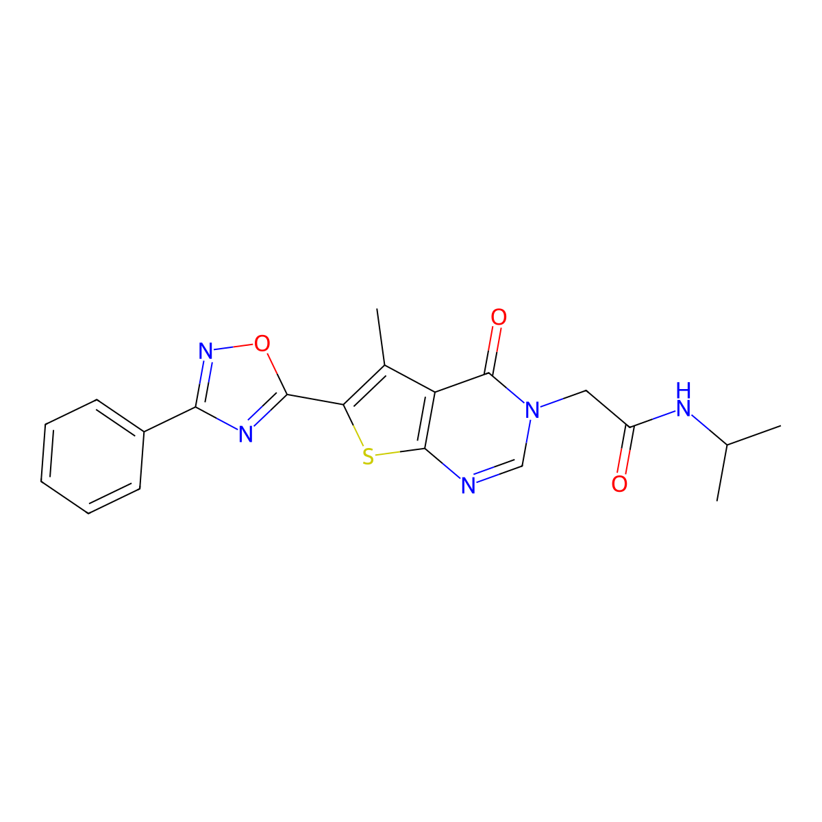 N-isopropyl-2-(5-methyl-4-oxo-6-(3-phenyl-1,2,4-oxadiazol-5-yl)thieno[2,3-d]pyrimidin-3(4H)-yl)acetamide molecular structure, CAS 1243093-25-5