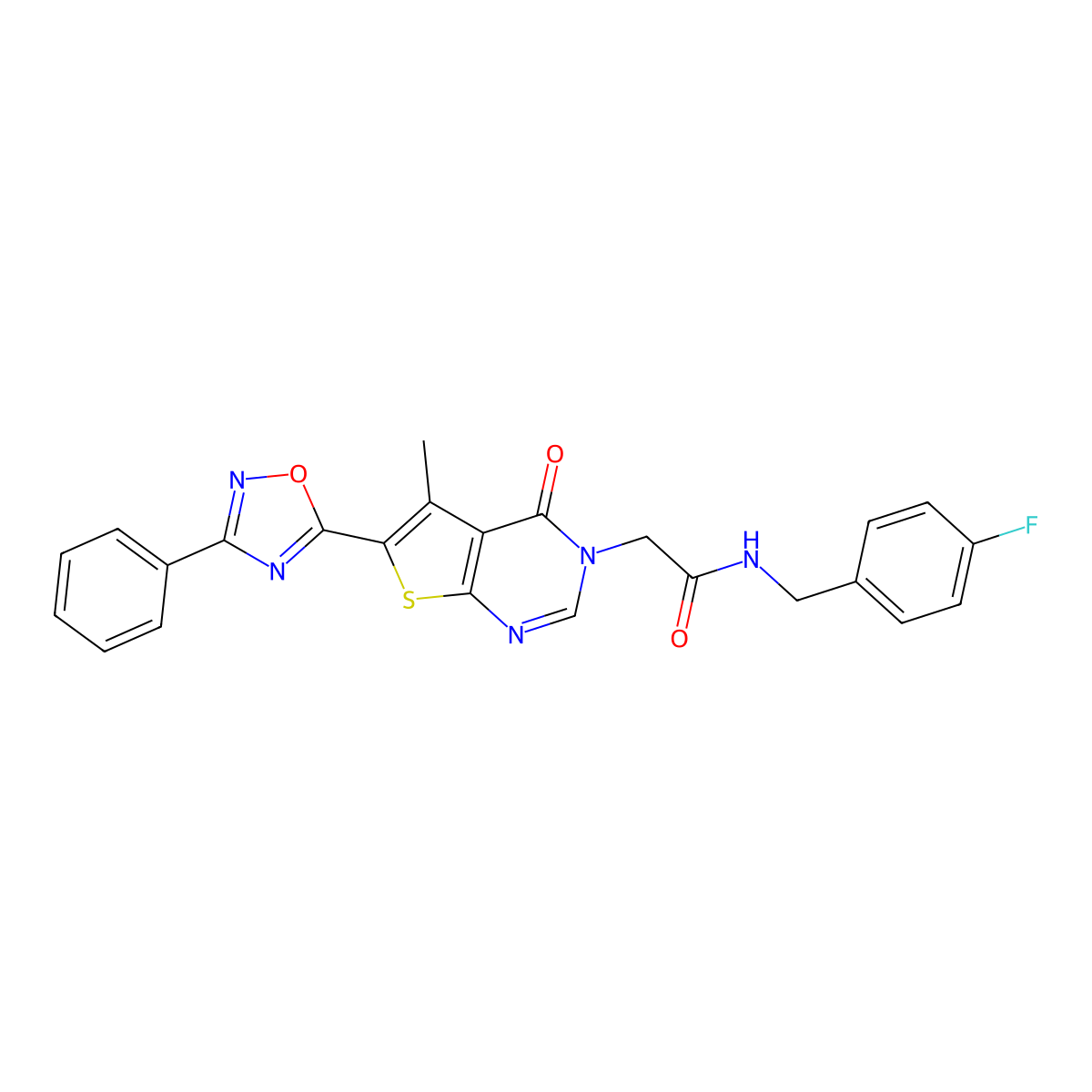 N-(4-fluorobenzyl)-2-(5-methyl-4-oxo-6-(3-phenyl-1,2,4-oxadiazol-5-yl)thieno[2,3-d]pyrimidin-3(4H)-yl)acetamide molecular structure, CAS 1243093-30-2