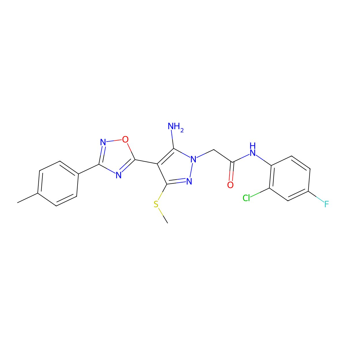 2-{5-amino-4-[3-(4-methylphenyl)-1,2,4-oxadiazol-5-yl]-3-(methylsulfanyl)-1H-pyrazol-1-yl}-N-(2-chloro-4-fluorophenyl)acetamide molecular structure, CAS 1243093-45-9