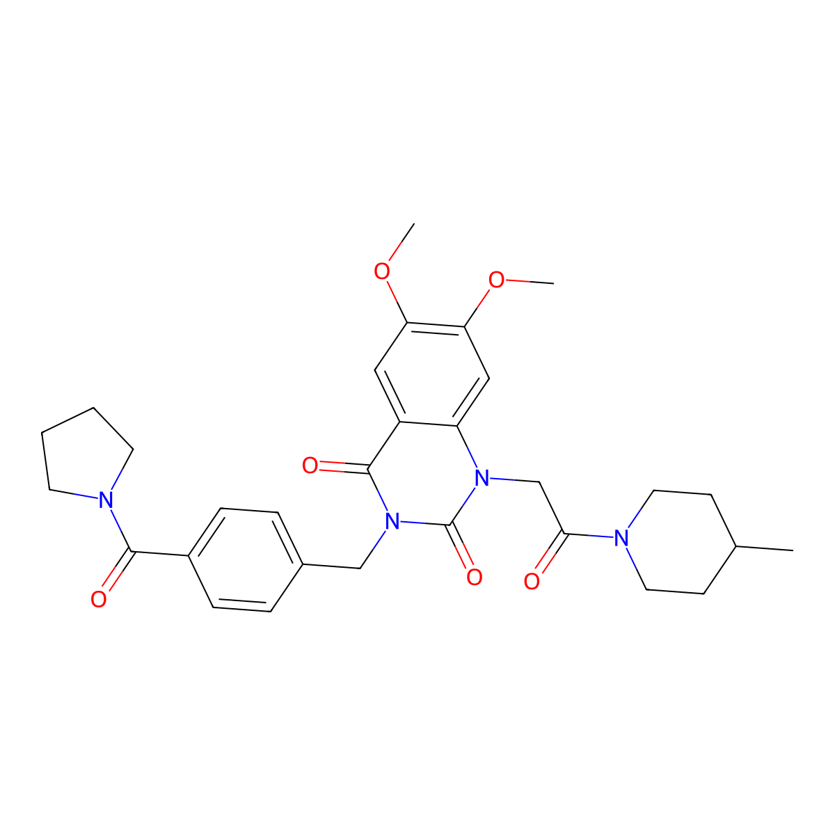 6,7-Dimethoxy-1-[2-(4-methylpiperidin-1-yl)-2-oxoethyl]-3-{[4-(pyrrolidine-1-carbonyl)phenyl]methyl}-1,2,3,4-tetrahydroquinazoline-2,4-dione molecular structure, CAS 1243094-18-9