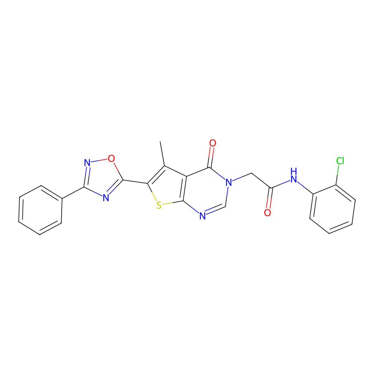 N-(2-chlorophenyl)-2-(5-methyl-4-oxo-6-(3-phenyl-1,2,4-oxadiazol-5-yl)thieno[2,3-d]pyrimidin-3(4H)-yl)acetamide molecular structure, CAS 1243094-75-8