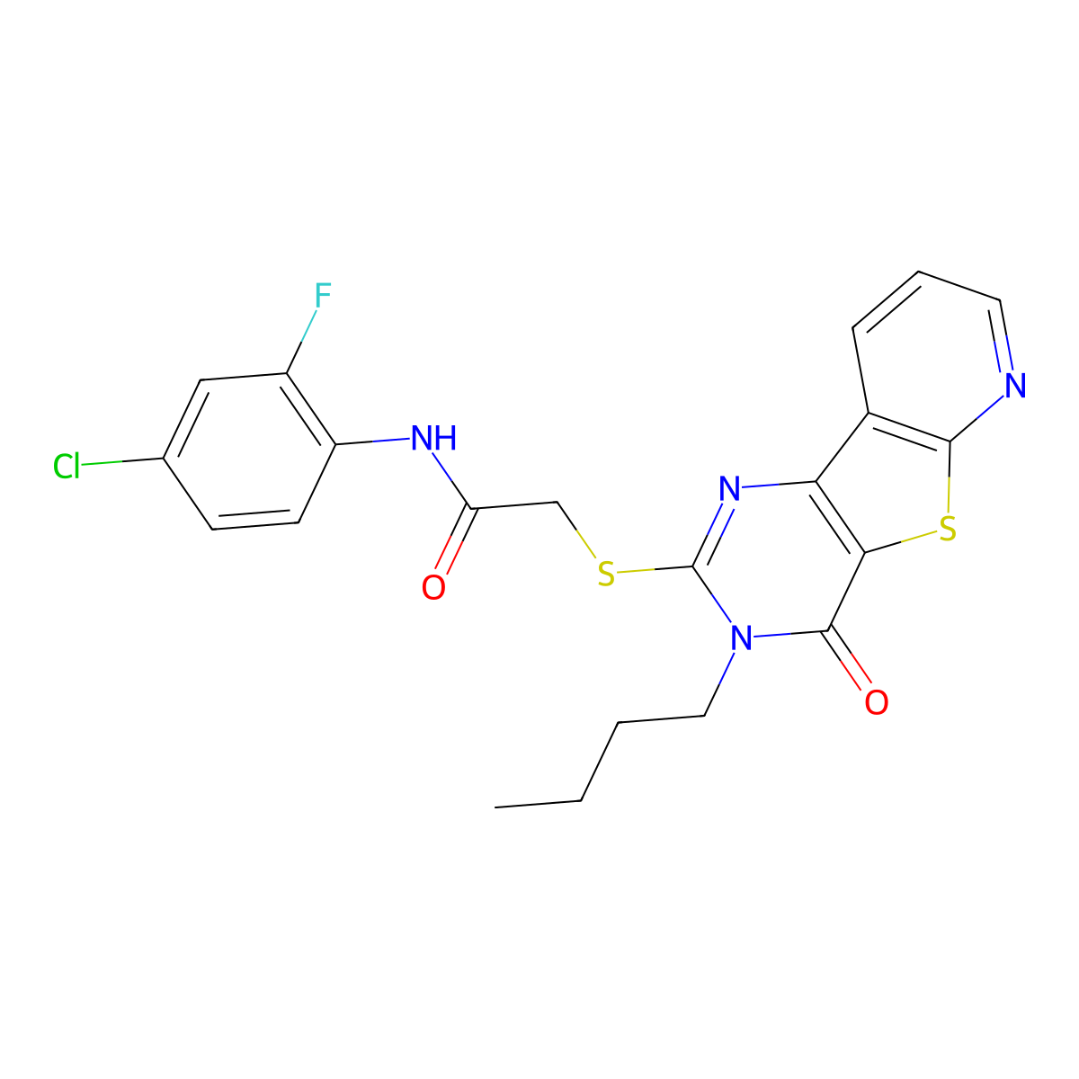 2-({5-butyl-6-oxo-8-thia-3,5,10-triazatricyclo[7.4.0.0^{2,7}]trideca-1(9),2(7),3,10,12-pentaen-4-yl}sulfanyl)-N-(4-chloro-2-fluorophenyl)acetamide molecular structure, CAS 1243101-61-2