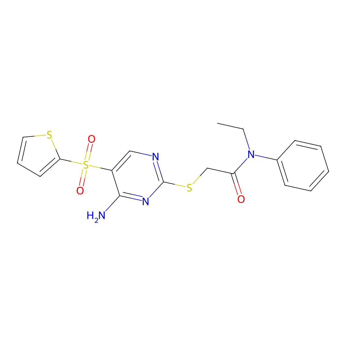 2-((4-amino-5-(thiophen-2-ylsulfonyl)pyrimidin-2-yl)thio)-N-ethyl-N-phenylacetamide molecular structure, CAS 1243101-96-3