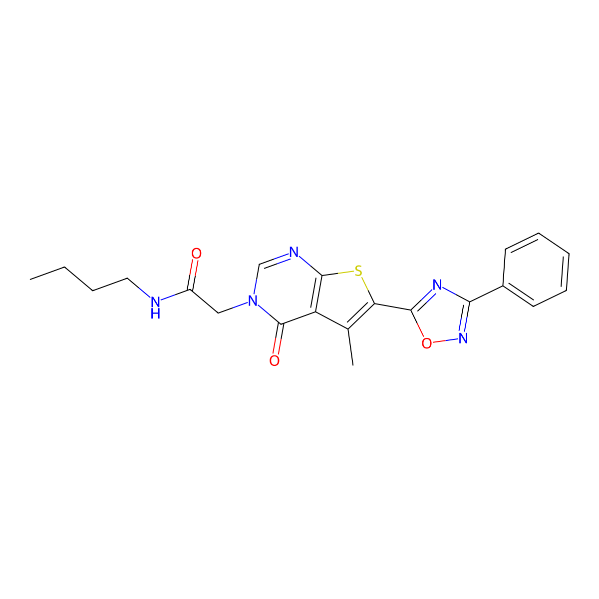 N-butyl-2-(5-methyl-4-oxo-6-(3-phenyl-1,2,4-oxadiazol-5-yl)thieno[2,3-d]pyrimidin-3(4H)-yl)acetamide molecular structure, CAS 1243103-16-3