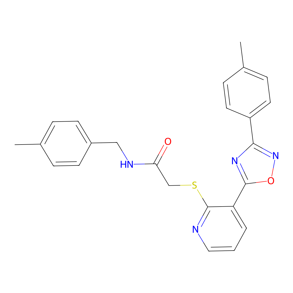 2-({3-[3-(4-methylphenyl)-1,2,4-oxadiazol-5-yl]pyridin-2-yl}sulfanyl)-N-[(4-methylphenyl)methyl]acetamide molecular structure, CAS 1243103-59-4