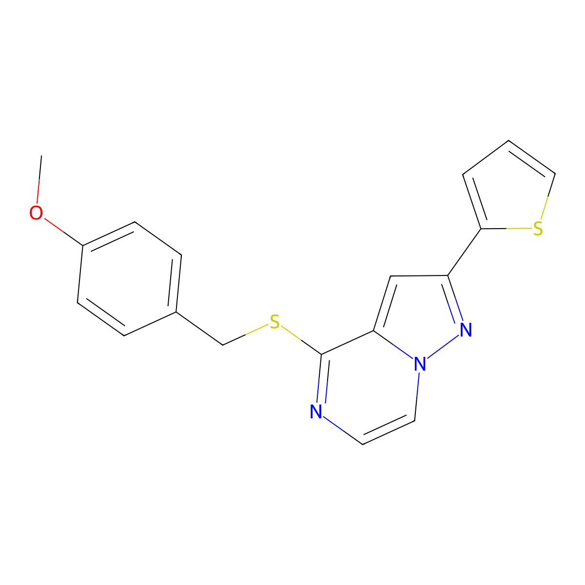 4-{[(4-Methoxyphenyl)methyl]sulfanyl}-2-(thiophen-2-yl)pyrazolo[1,5-a]pyrazine molecular structure, CAS 1243105-08-9