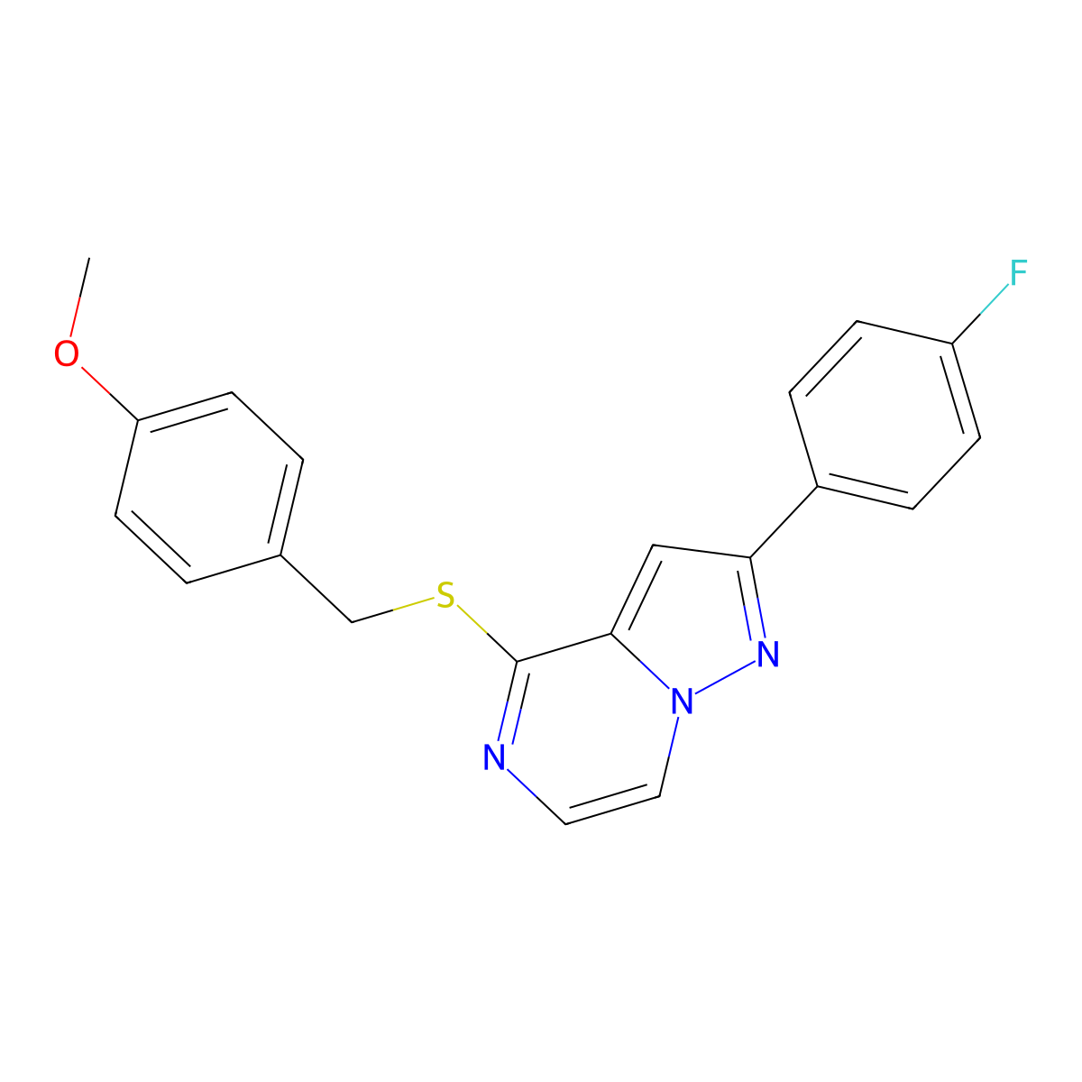 2-(4-Fluorophenyl)-4-((4-methoxybenzyl)thio)pyrazolo[1,5-a]pyrazine molecular structure, CAS 1243106-65-1