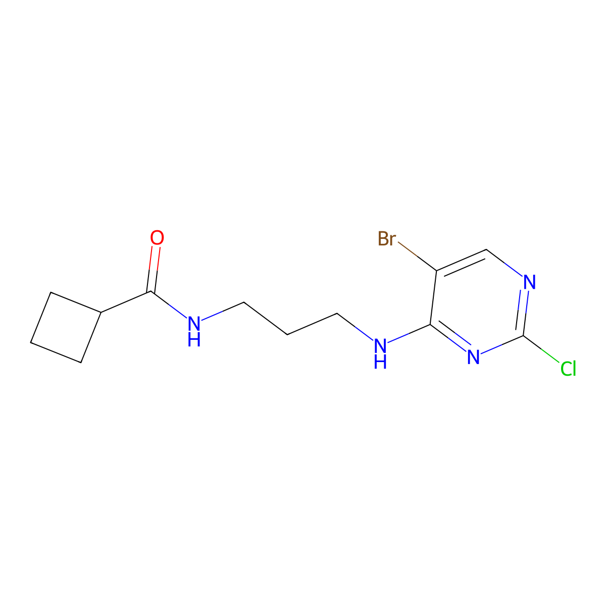 Cyclobutanecarboxylic acid [3-(5-bromo-2-chloro-pyrimidin-4-ylamino)-propyl]-amide molecular structure, CAS 1243268-69-0