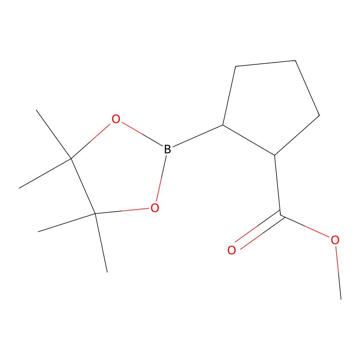 Methyl 2-(tetramethyl-1,3,2-dioxaborolan-2-yl)cyclopentane-1-carboxylate molecular structure, CAS 1243540-10-4